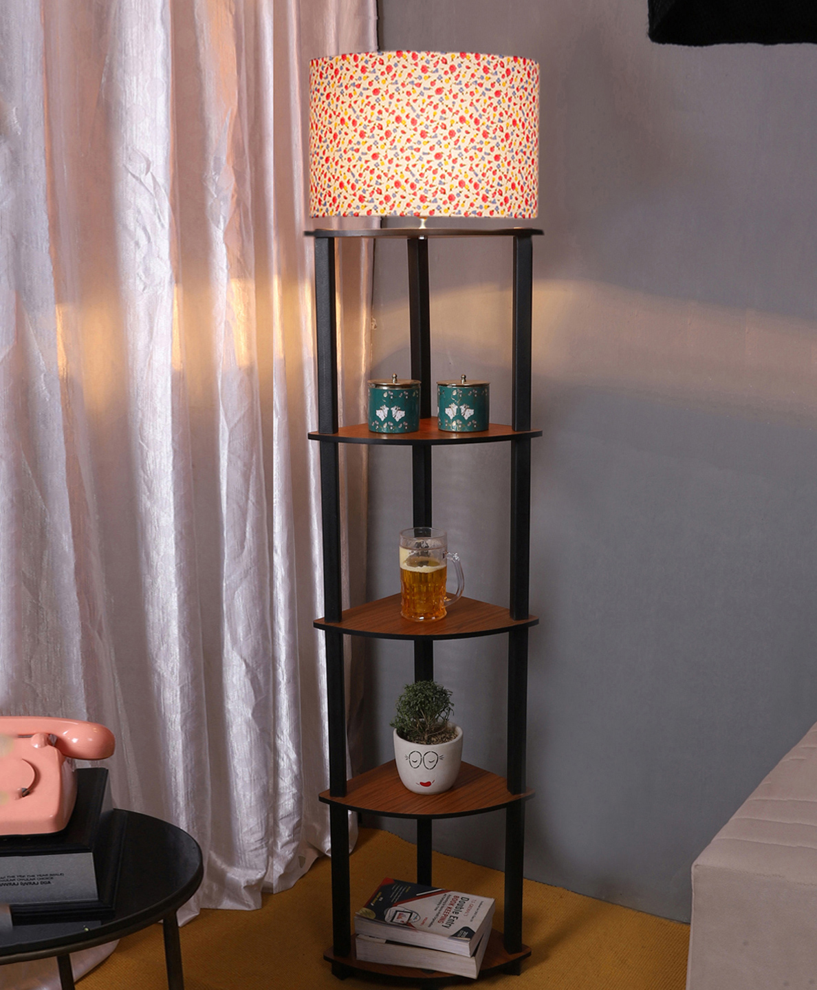 Devansh Drum Designer Cotton Printed Shade Shelf Floor Lamp-image-5