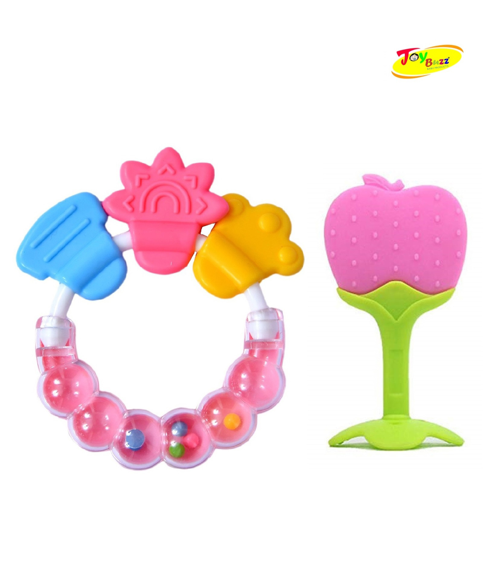Joy Buzz Baby Silicone Fruit Teether & Rattle Teether Combo Pack Of 2 - Pink-image-17