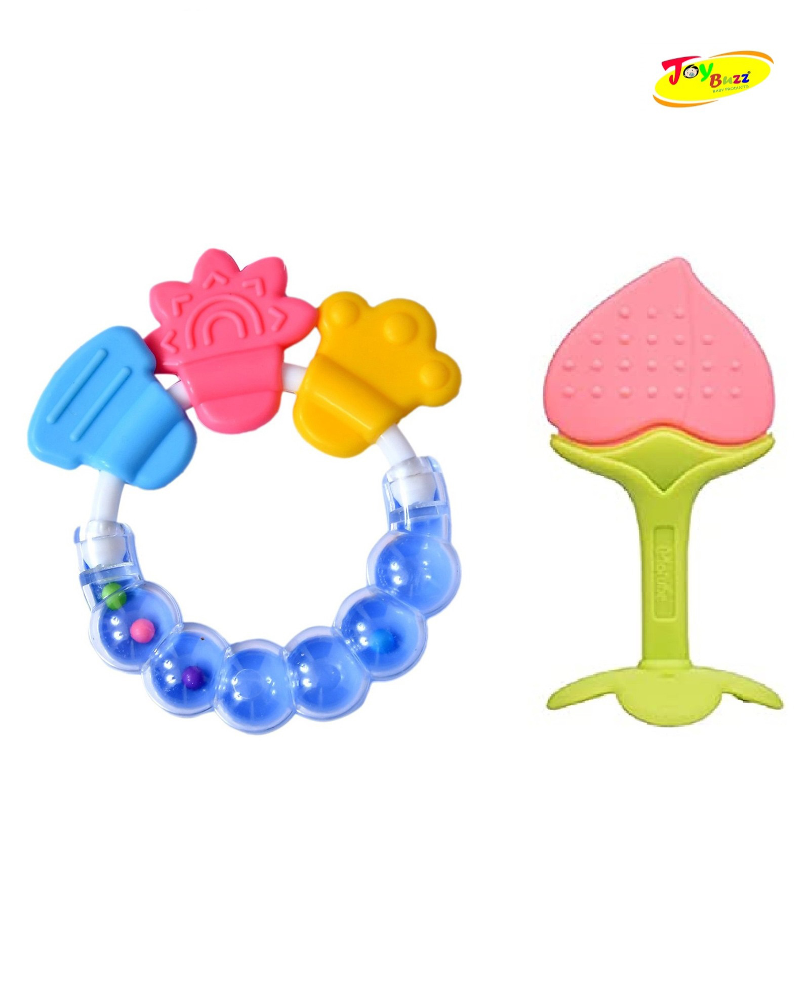 Joy Buzz Baby Silicone Fruit Teether & Rattle Teether Combo Pack Of 2 - ( Blue & Peach )-image-46