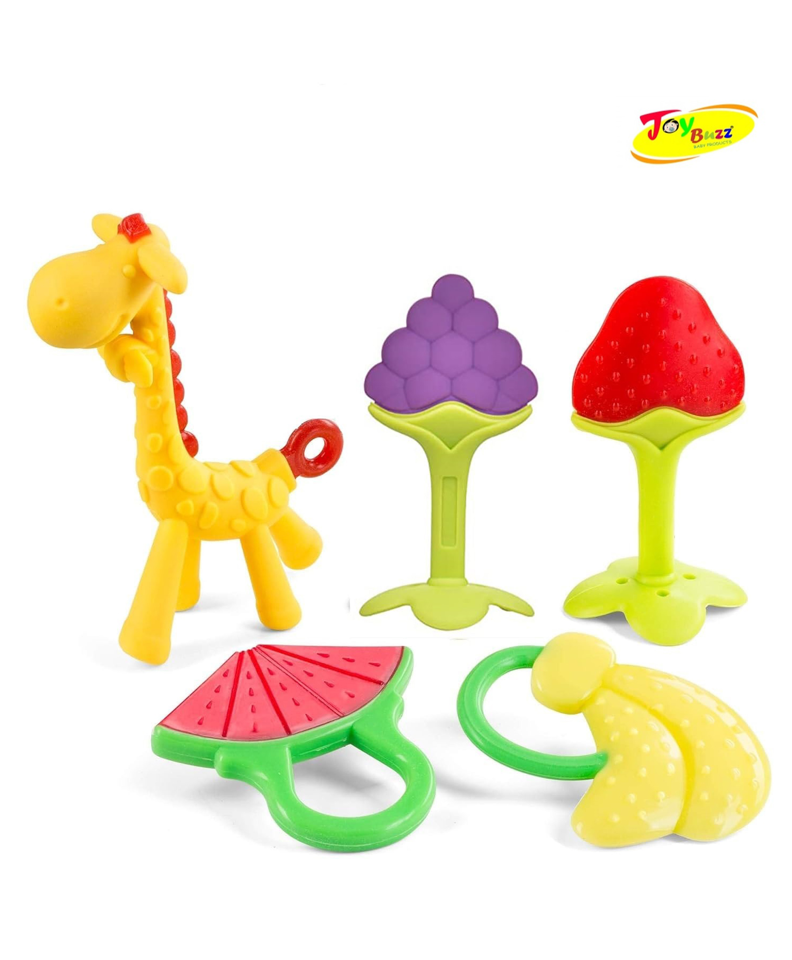 Joy Buzz Baby Silicone Giraffe & Fruit Teether Combo Pack Of 5 Non Toxic Teething Toys - Multicolor-image-16