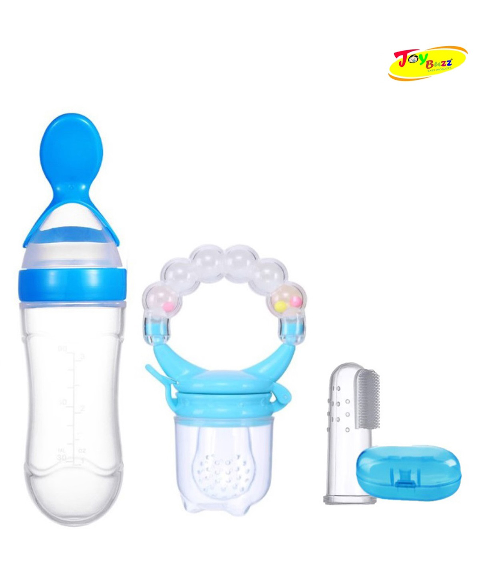 Joy Buzz Baby Silicone Spoon Feeder Fruit Feeder & Fingure Toothbrush Combo Pack Of 3 - Blue-image-32