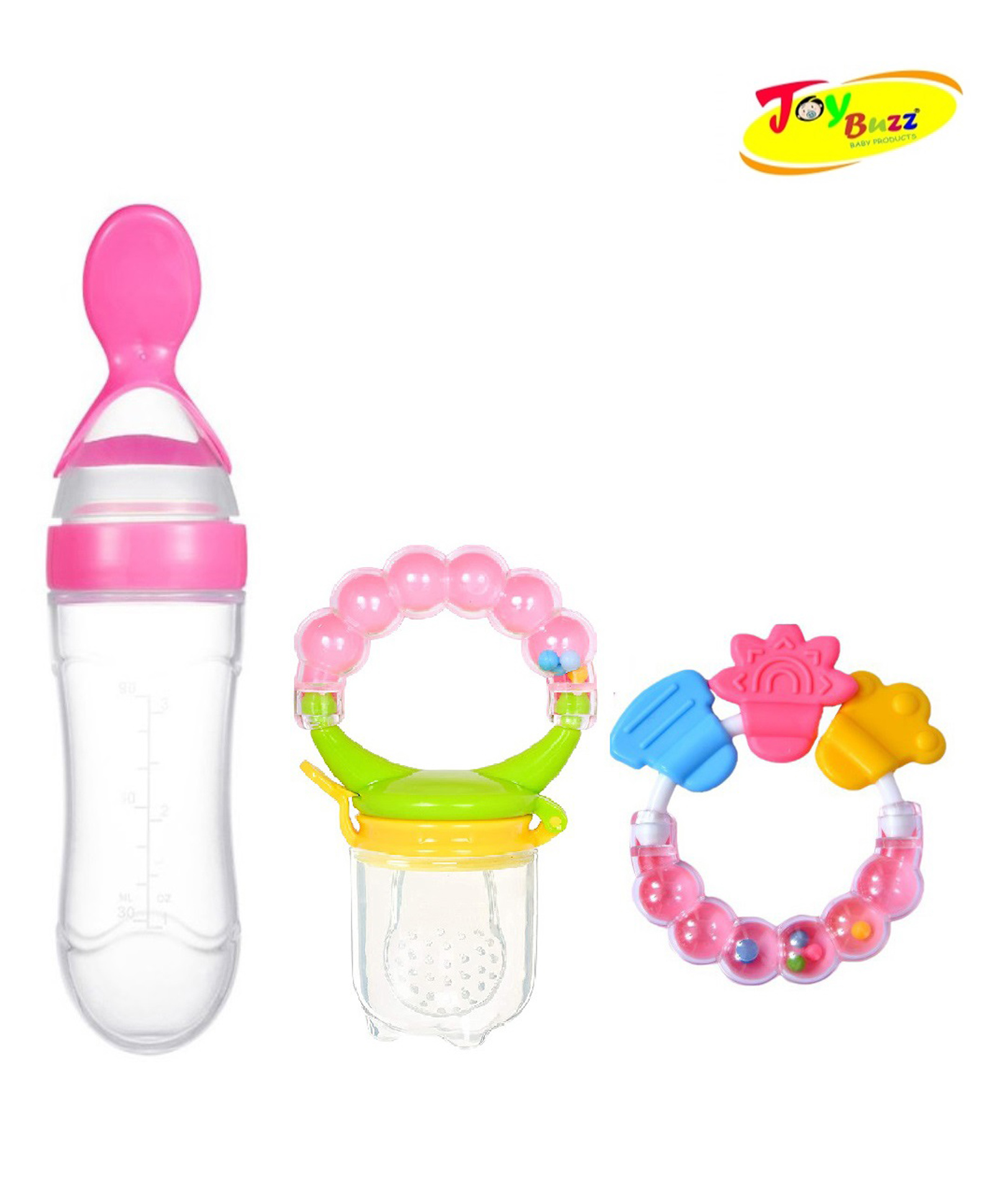 Joy buzz Baby Silicone Spoon Feeder Fruit Feeder & Rattle teether combo - Pack Of 3 - Pink-picture-27