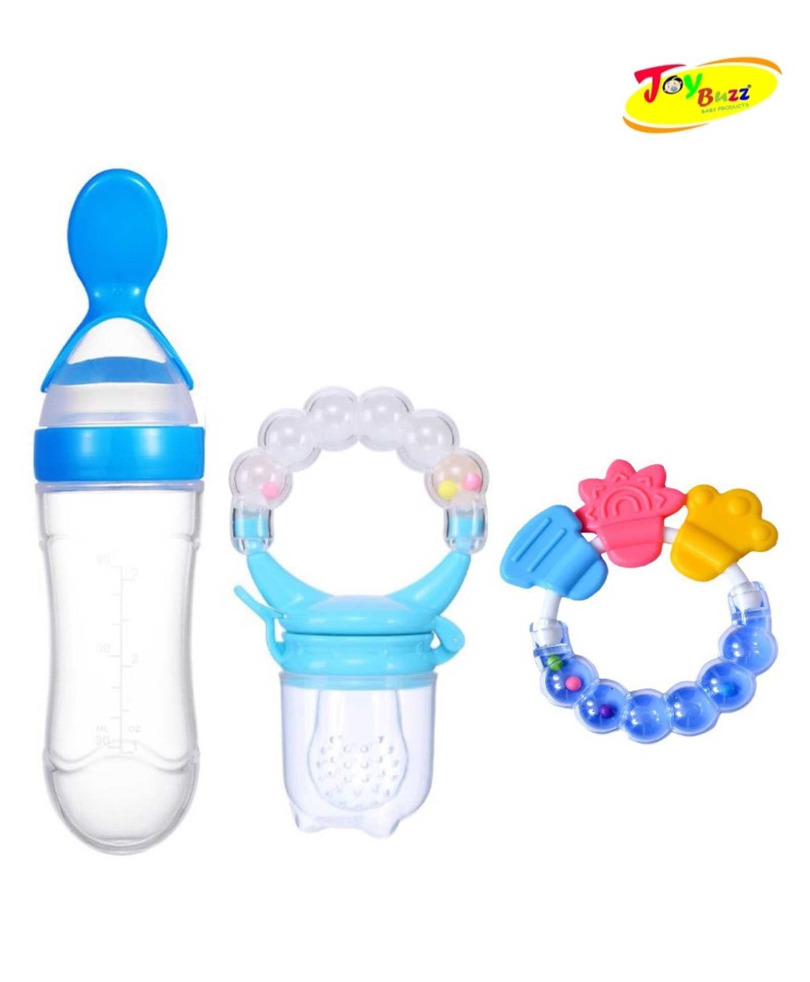 Joy buzz Baby Silicone Spoon Feeder Fruit Feeder & Rattle teether combo - Pack Of 3 - Blue-image-33