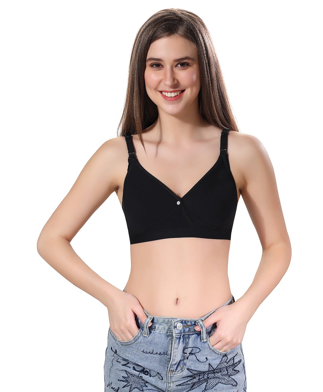 Fabme Cotton Sleeveless Solid Non Padded Maternity Nursing Bra - Black-picture-33
