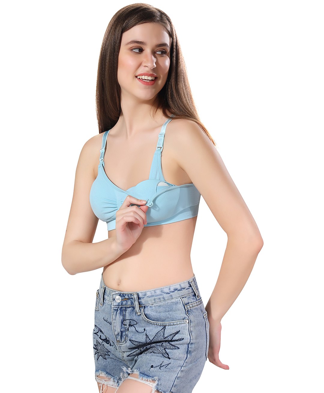 Fabme Cotton Sleeveless Solid Padded Maternity Nursing Bra - Sea Green-picture-11