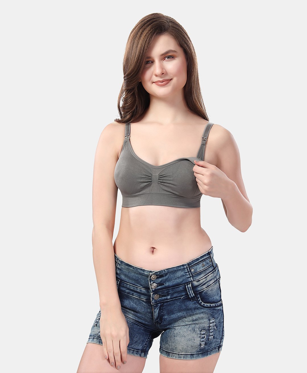 Fabme Cotton Sleeveless Solid Padded Maternity Nursing Bra - Grey-picture-25
