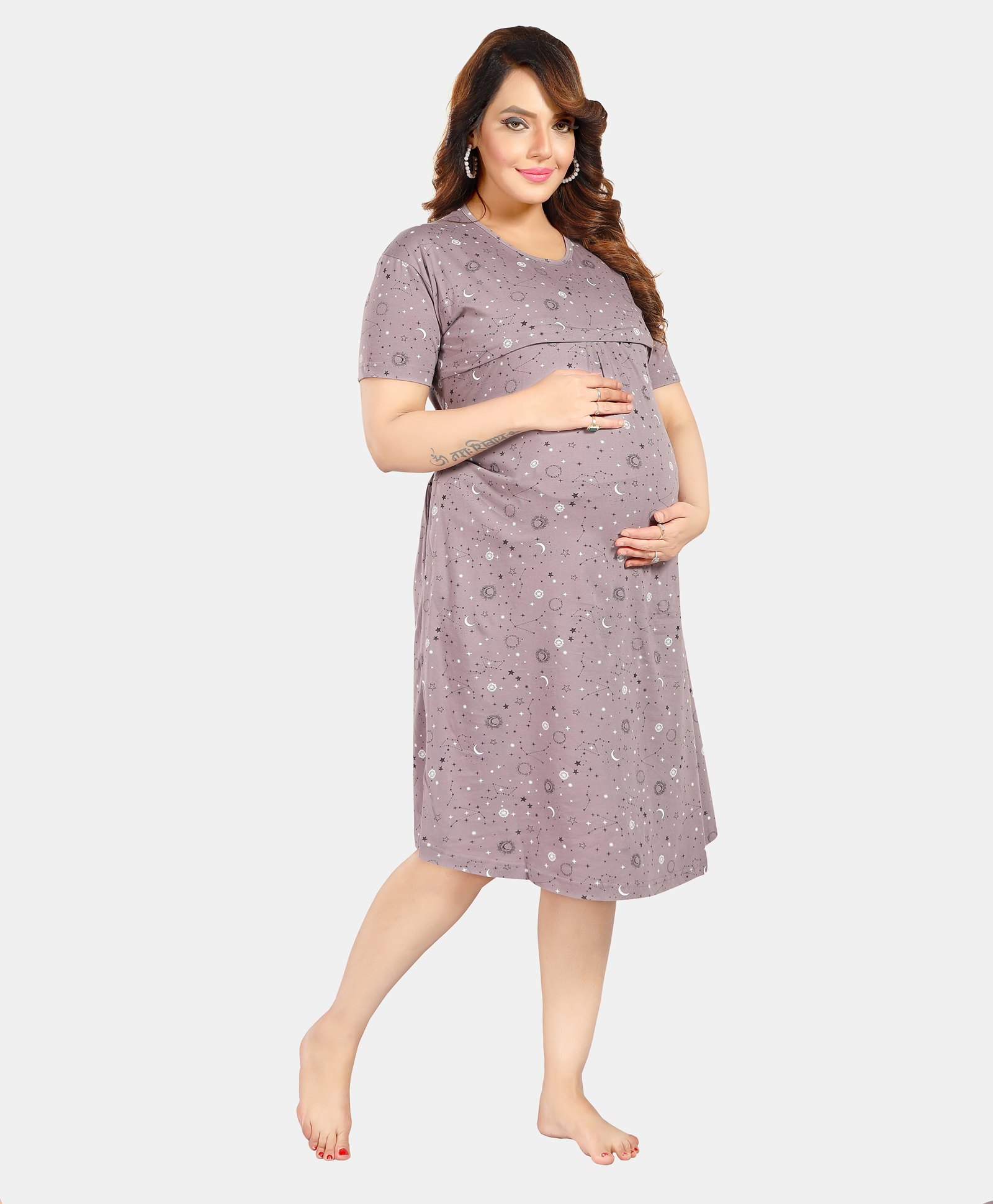 Fabme Pure Cotton Half Sleeves Moon & Star Printed Maternity Night Dress With Concealed Zipper Nursing Access - Grey-picture-11
