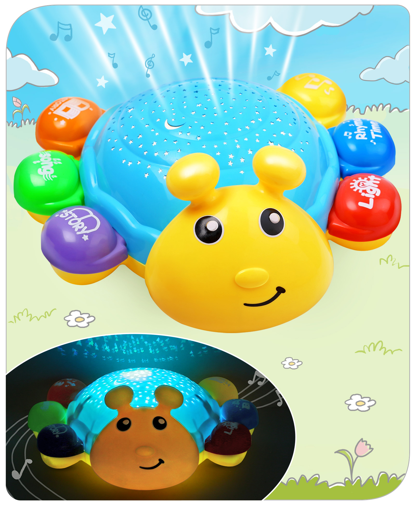 Babyhug Musical Bump and Go Beetle Projector Toy With Light- Yellow