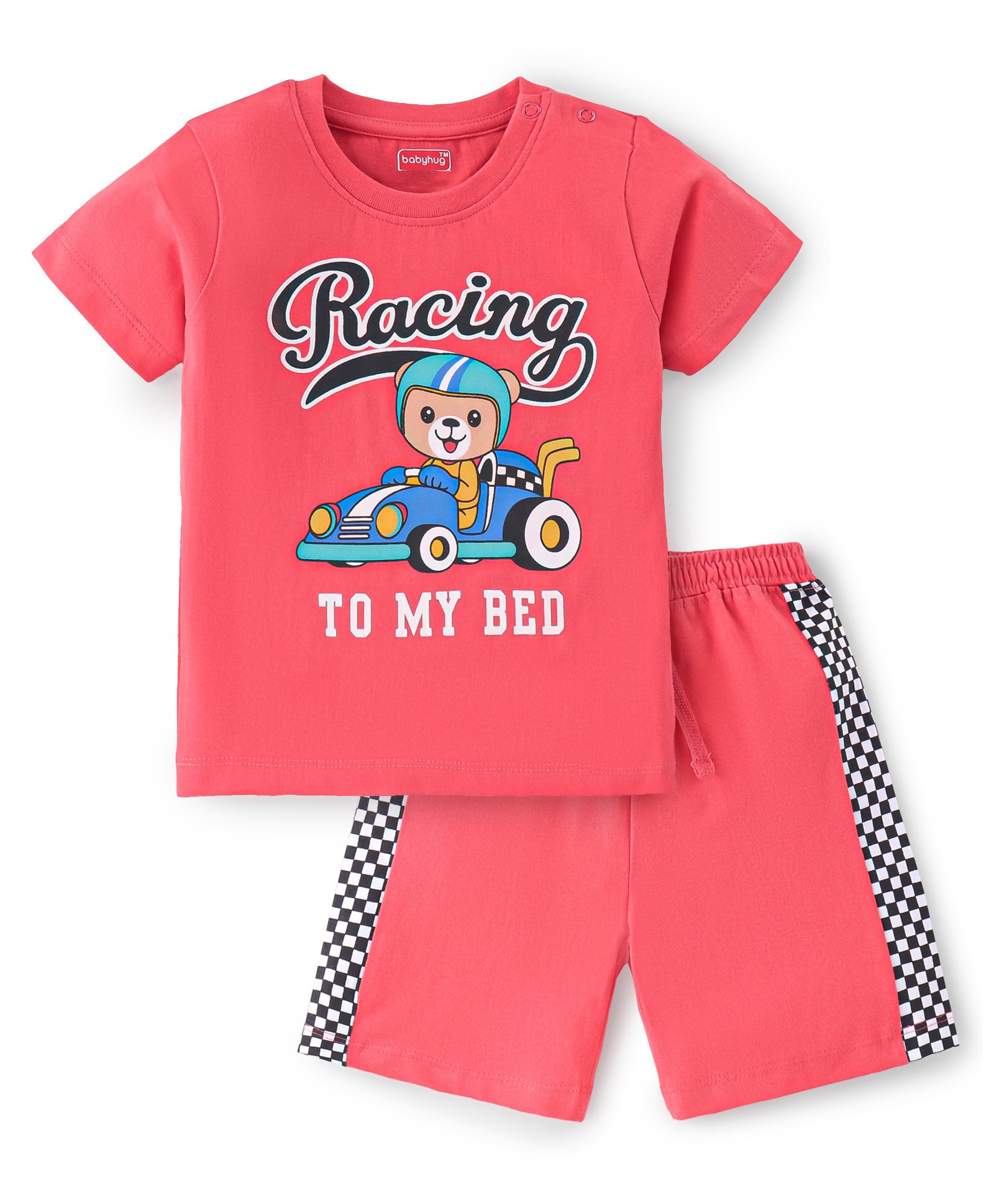 Babyhug Cotton Knit Half Sleeves Night Suit Bear Print - Red-image-23