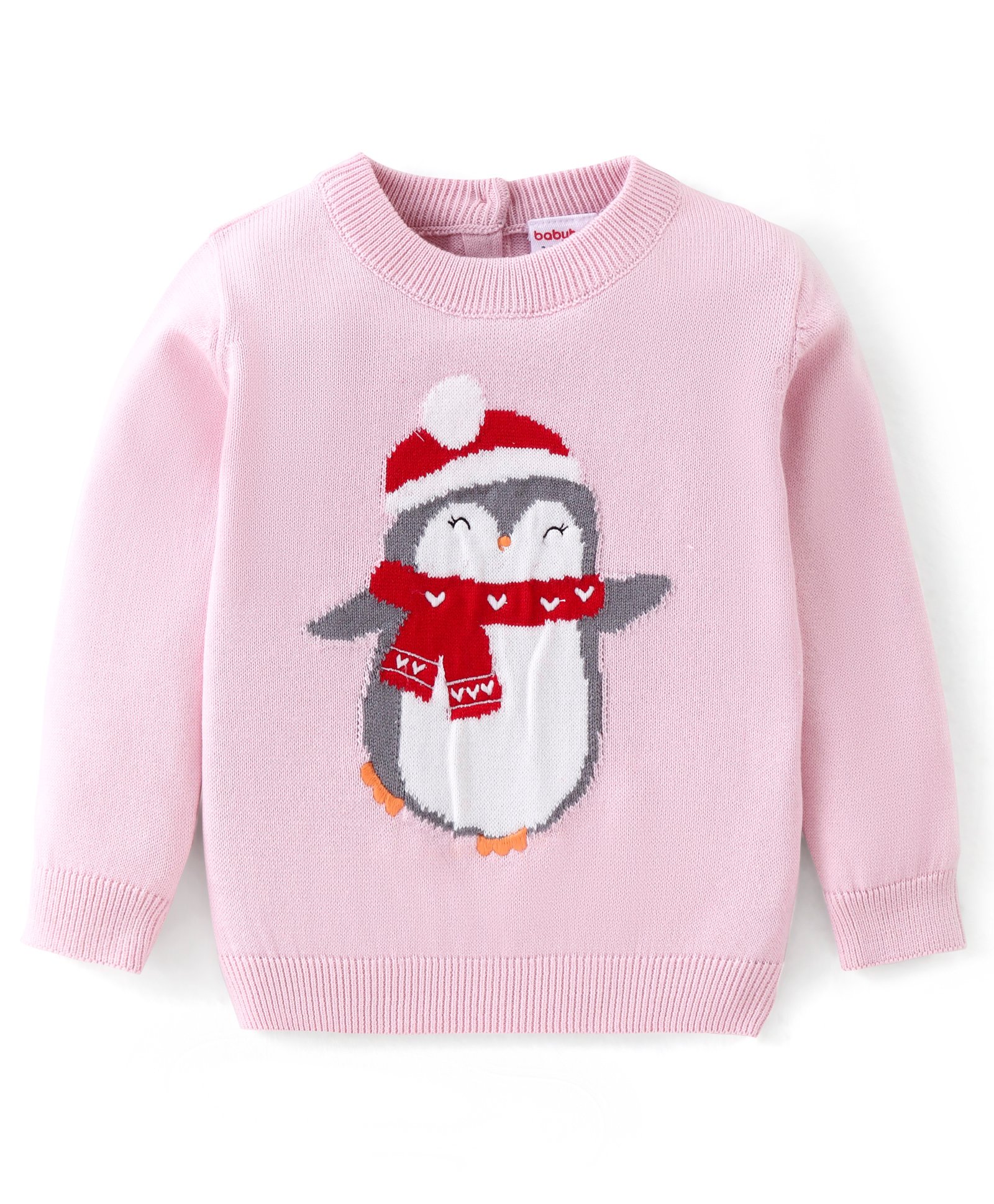 Babyhug Knitted Full Sleeves Sweater with Penguin Design -Pink