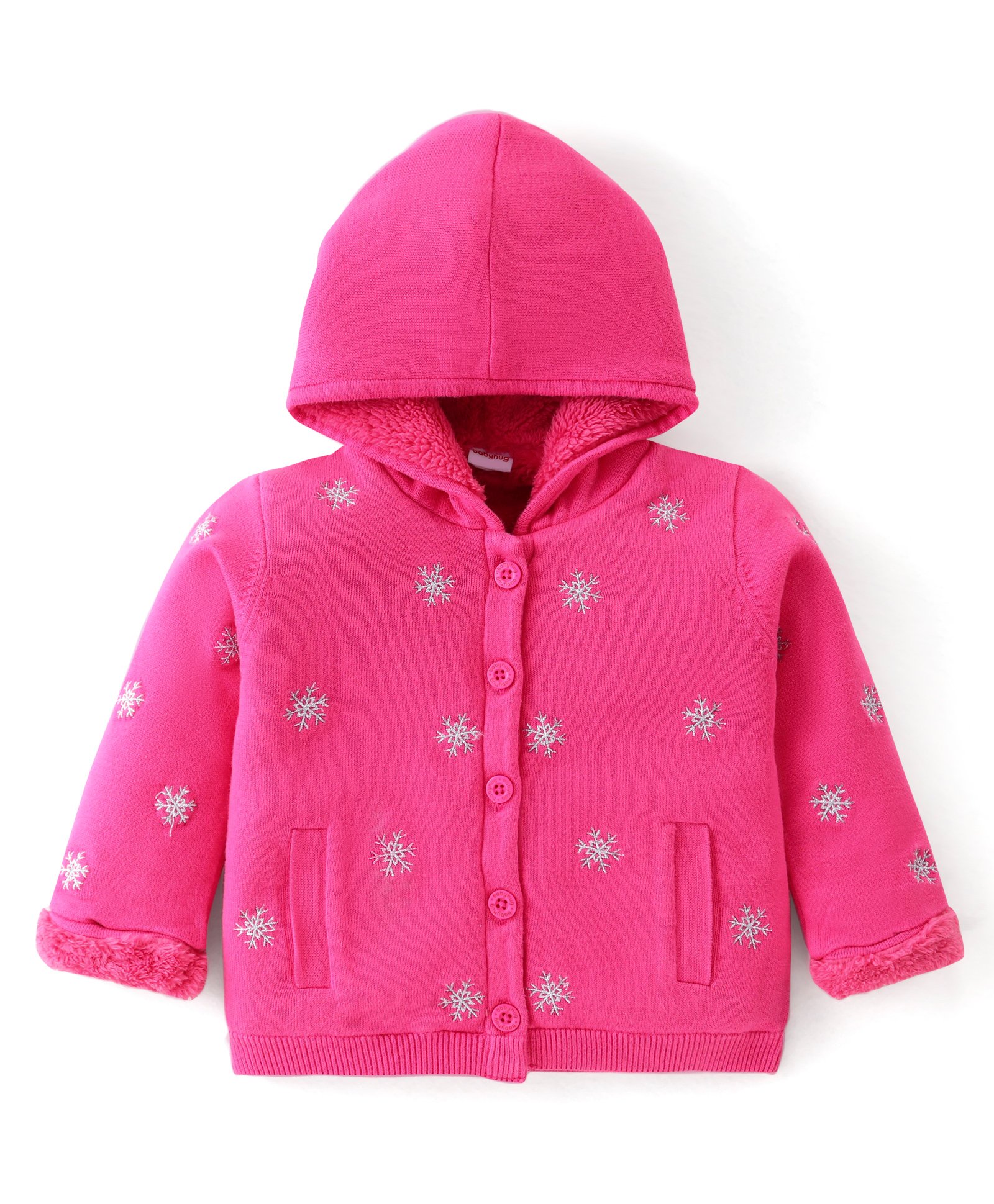 Babyhug Knitted Full Sleeves Front Open Hooded Sweater with Snowflake Design - Fuchisa-image-39