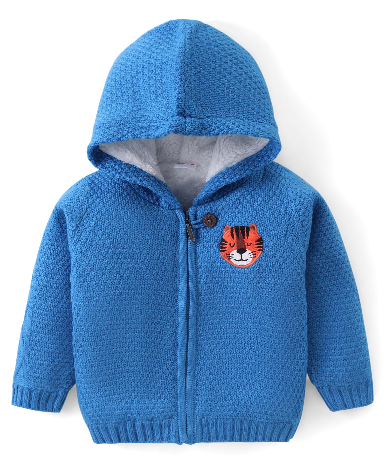Babyhug Knitted Full Sleeves Front Open Hooded Sweater with Tiger Applique- Blue-image-22