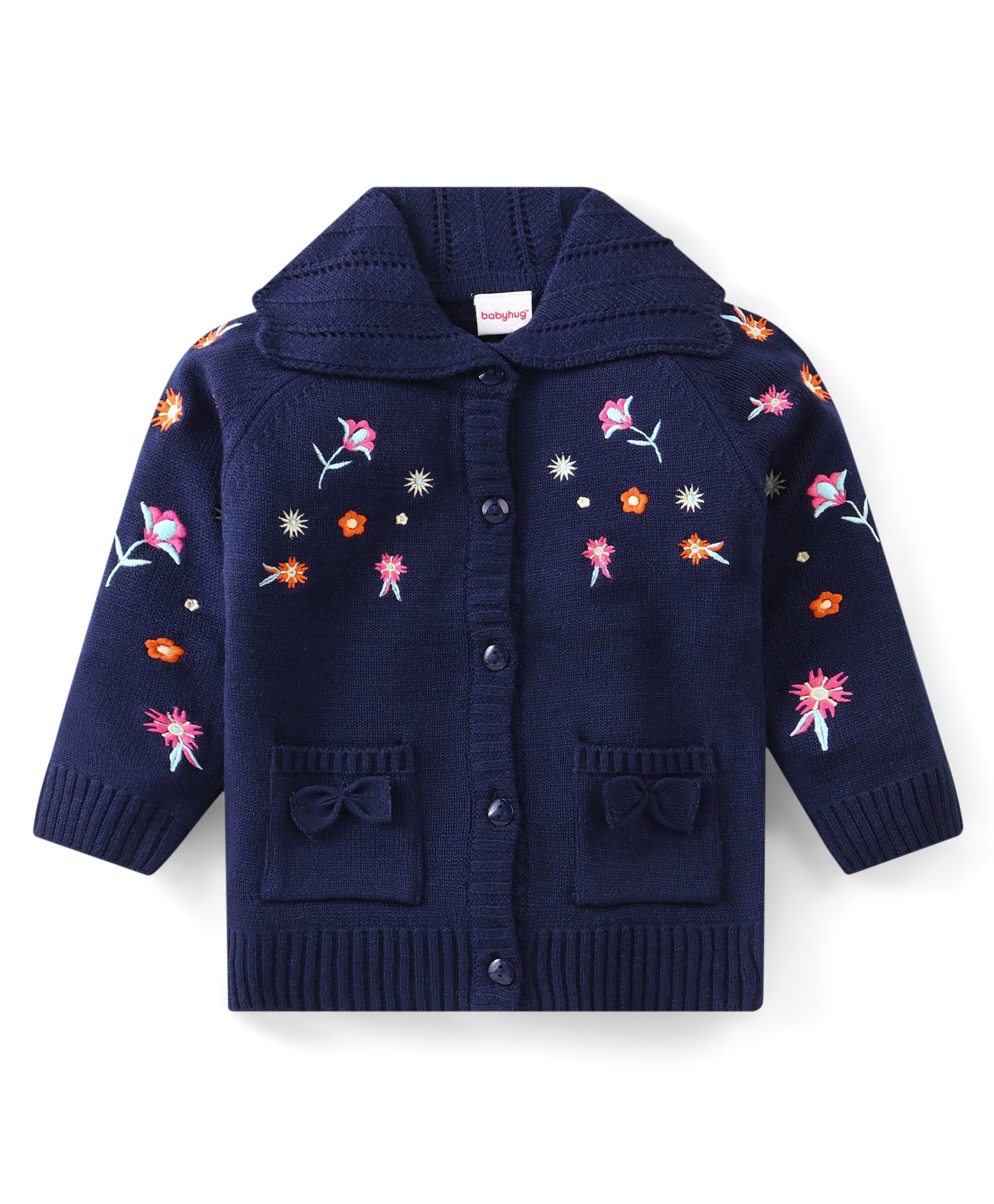 Babyhug Knitted Full Sleeves Sweater with Floral Embroidery - Navy Blue-image-28