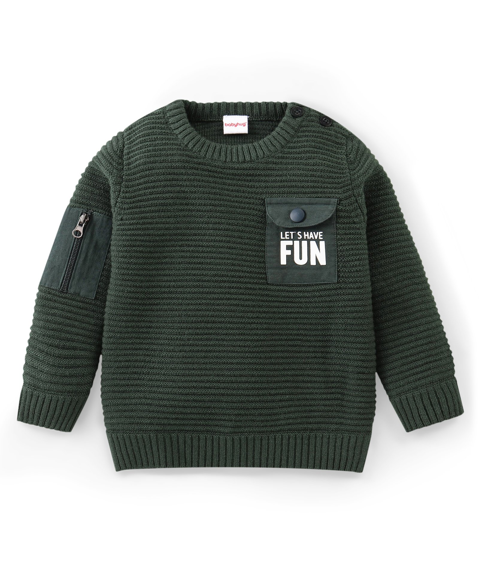 Babyhug Knitted Full Sleeves Pullover Sweater with Pocket Detailing & Text Print - Olive Green-image-38