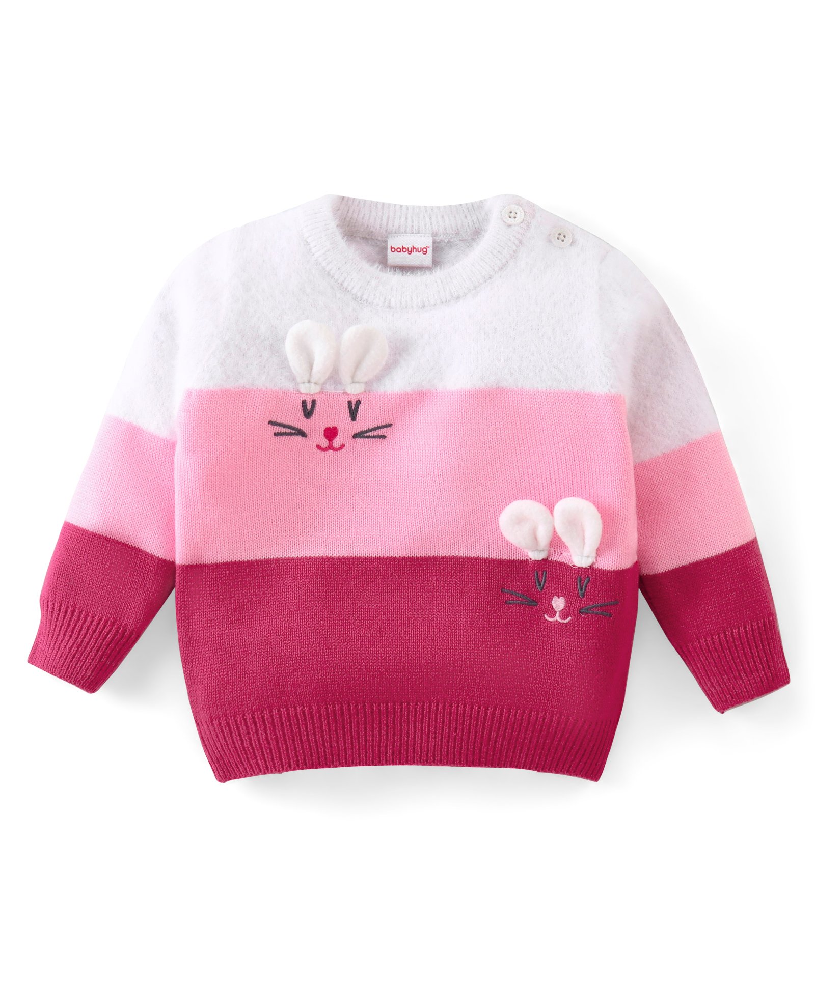 Babyhug Knitted Full Sleeves Sweater Kitty Design - Red Pink & White-image-17
