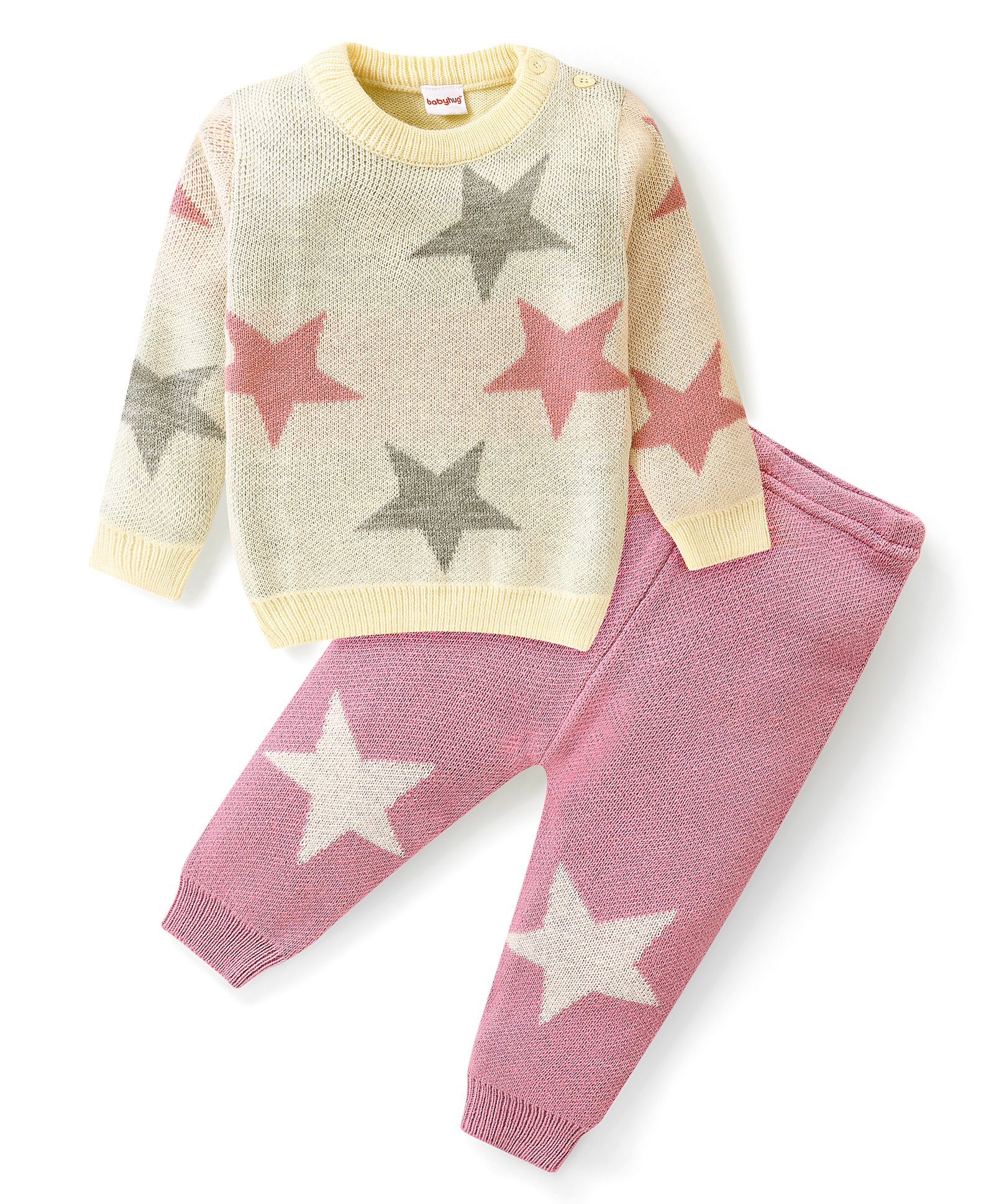 Babyhug Knitted Full Sleeves Baby Sweater Set with Star Design - Pink & White-image-31