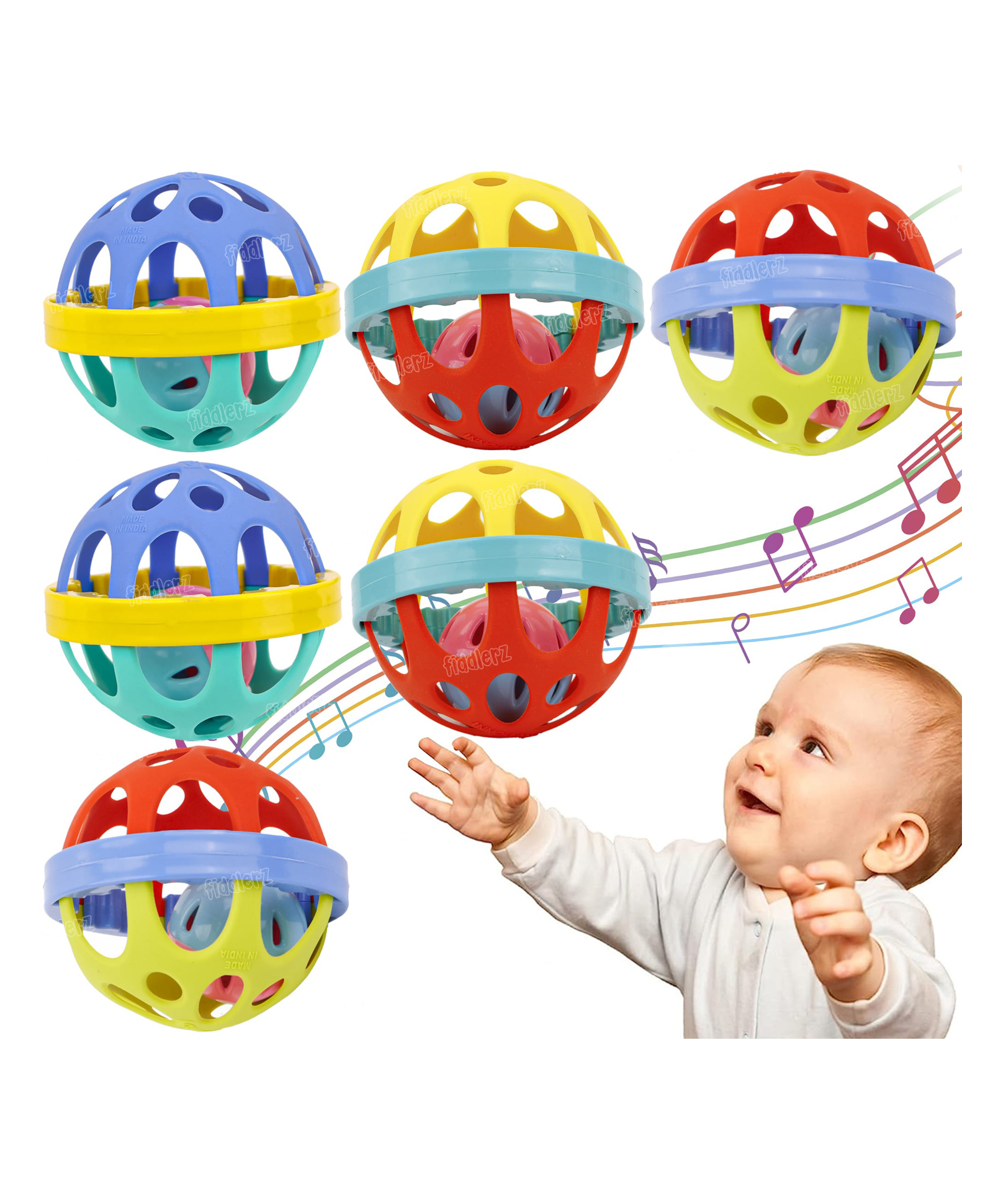 Fiddlerz Rattles Toys for New Born Babies Colorful Attractive Plastic Non Toxic Shake & Grab Rattle Set for Kids Girls Boys (Multicolor) pack of 6-image-45