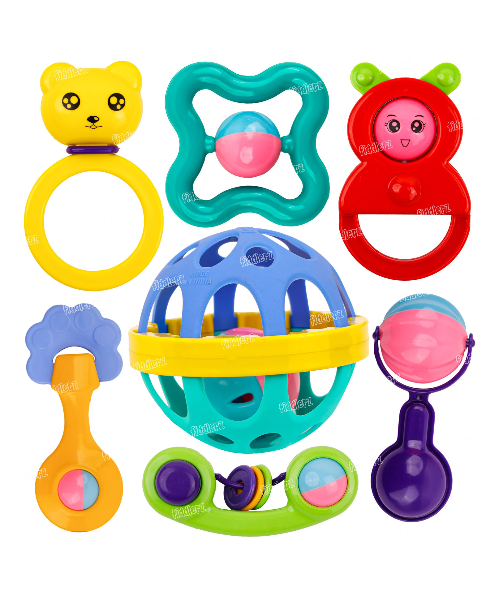 Fiddlerz Baby Rattles Toys for New Born Babies Colorful Attractive Plastic Non Toxic Shake & Grab Rattle Set for Kids Girls Boys (Multicolor) pack of 7-image-27