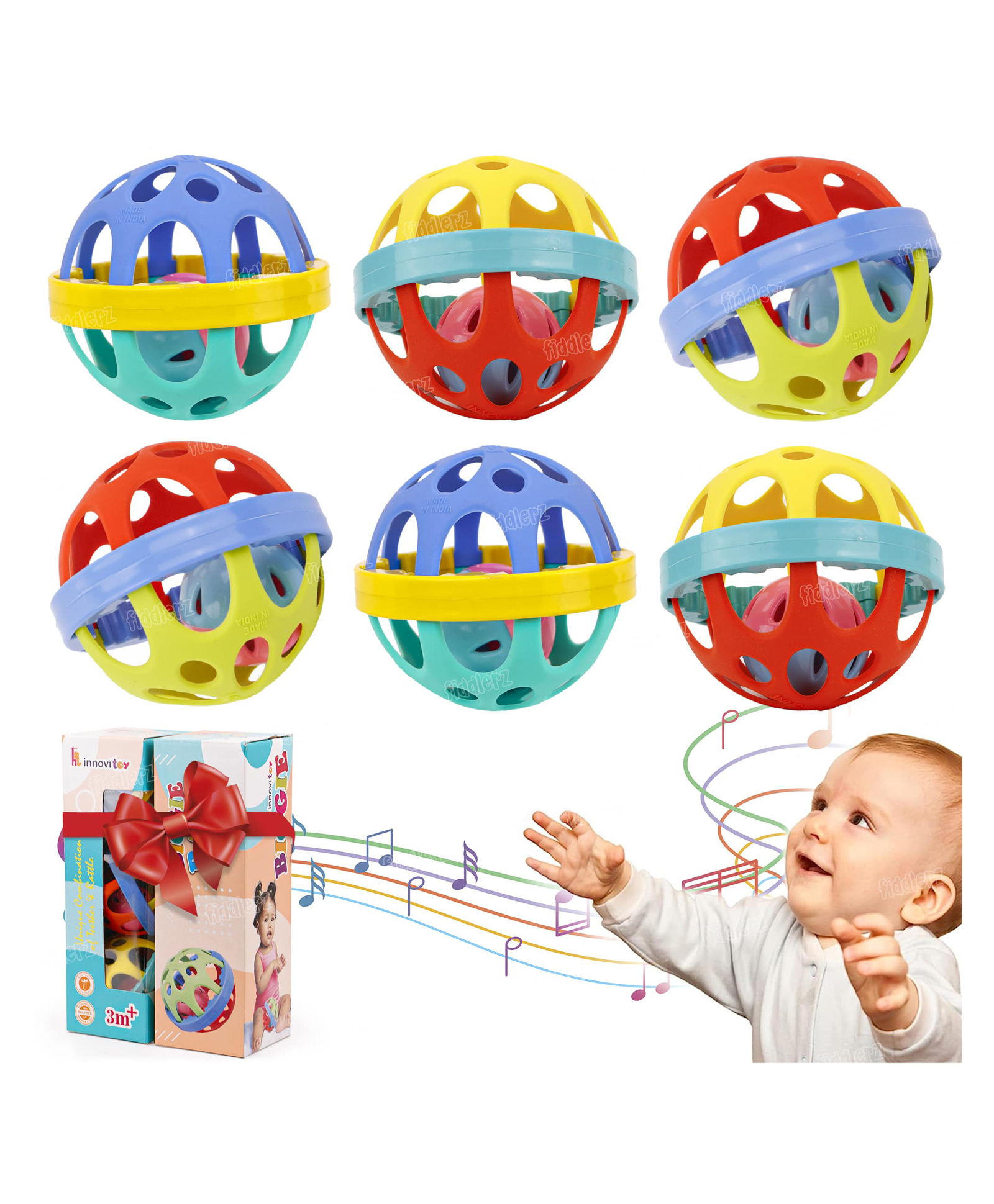 Fiddlerz Baby Rattles Toys for New Born Babies Colorful Attractive Plastic Non Toxic Shake & Grab Rattle Set for Kids Girls Boys (Multicolor) pack of 6-image-48