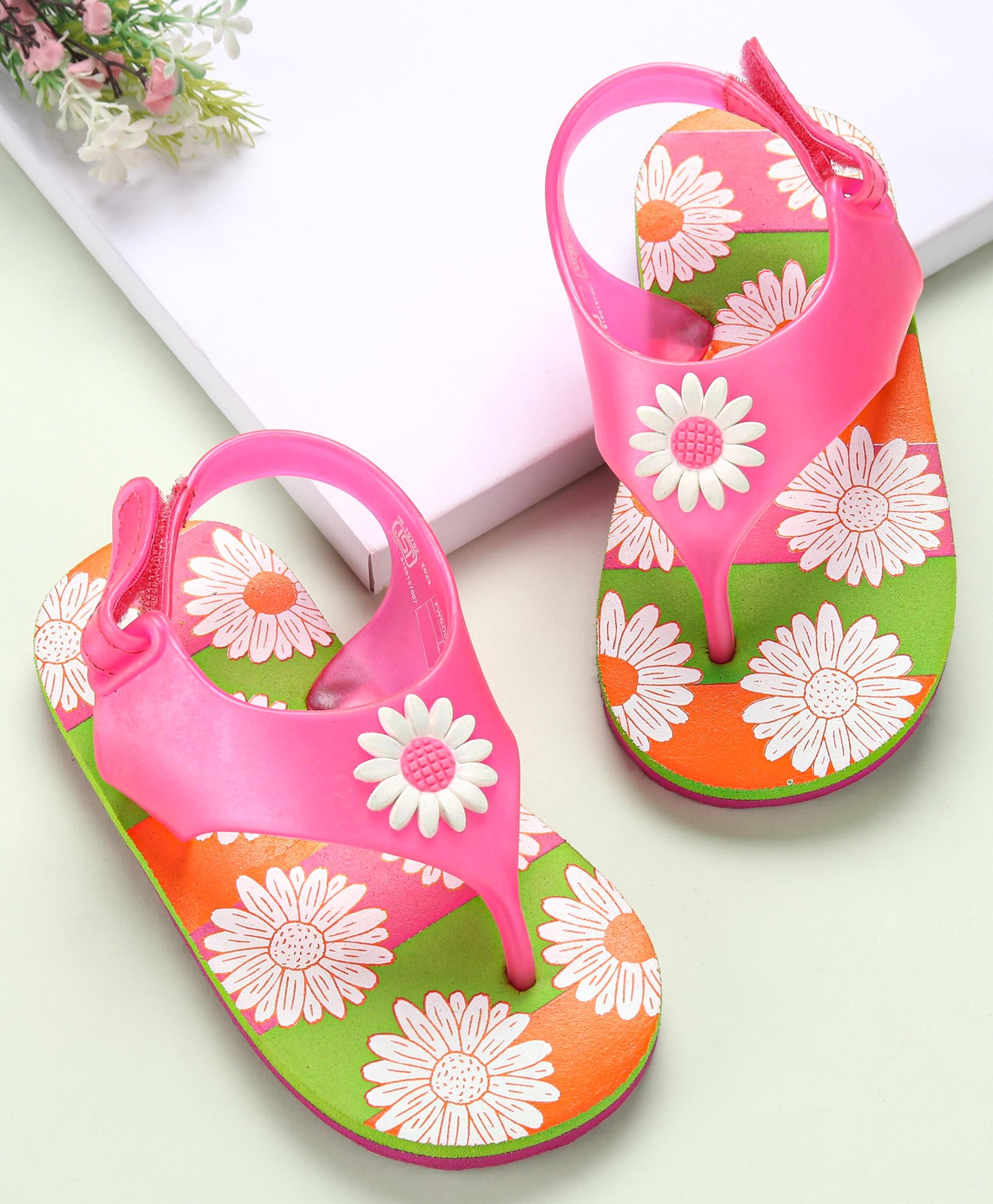 Babyoye Floral Print Flip Flops with Velcro Closure - Pink & Green-image-28
