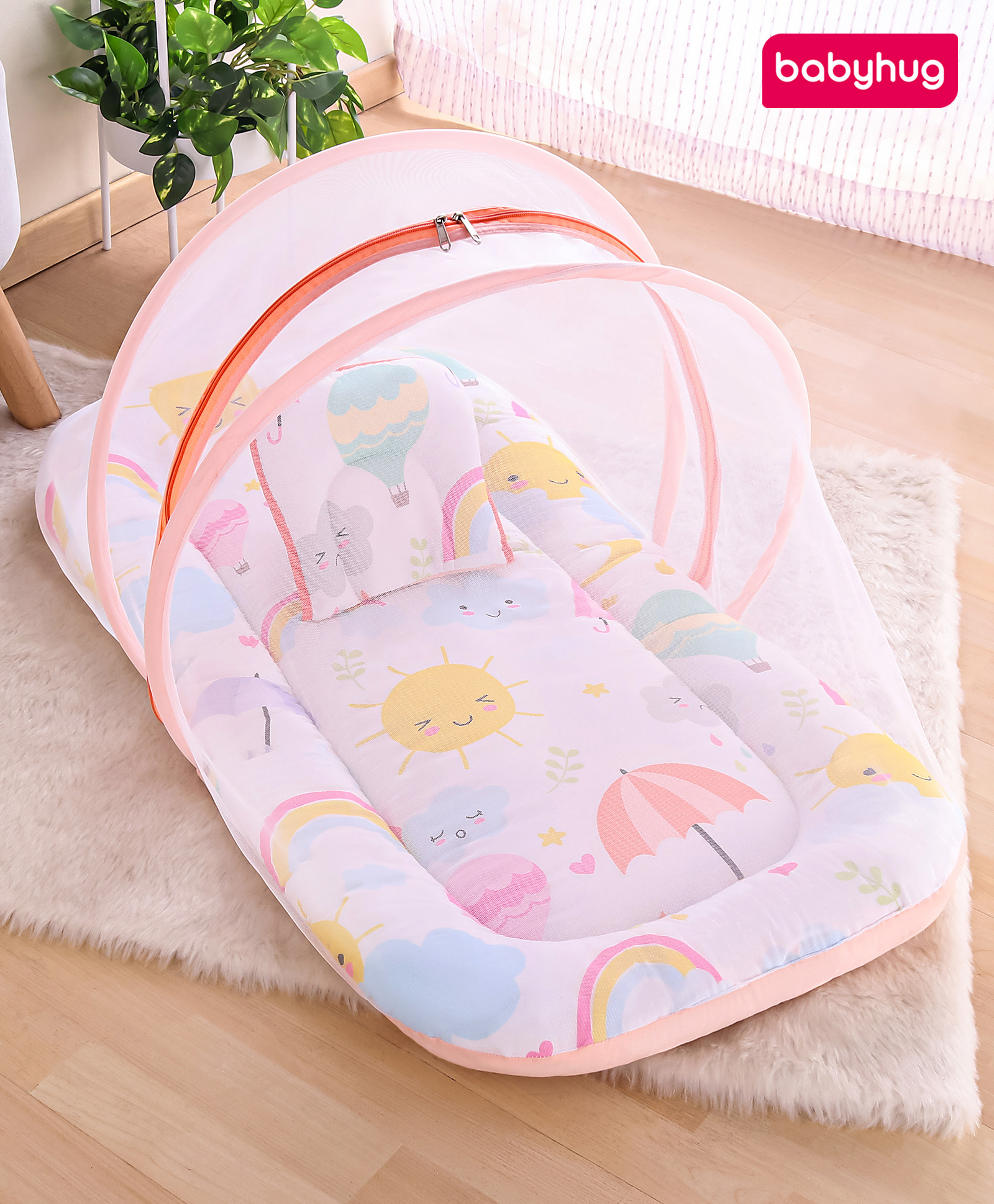 Babyhug Mattress Set With Mosquito Net Sunny Day Theme -White