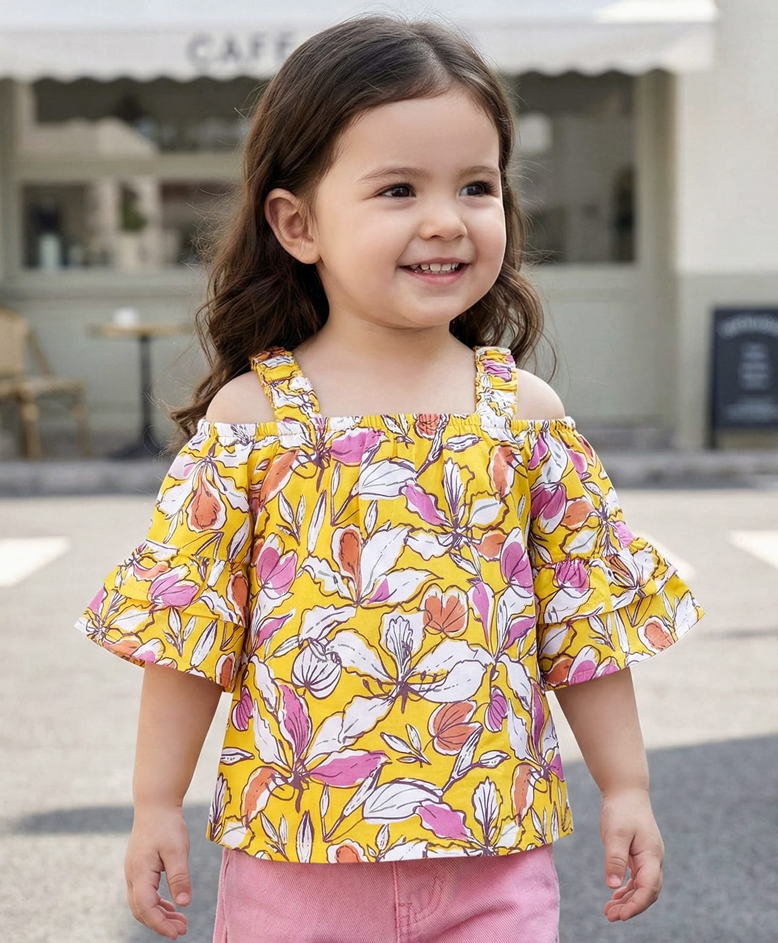 Babyhug Cotton Knit Half Sleeves Off-Shoulder  Top with Floral Print - Mustard-image-15