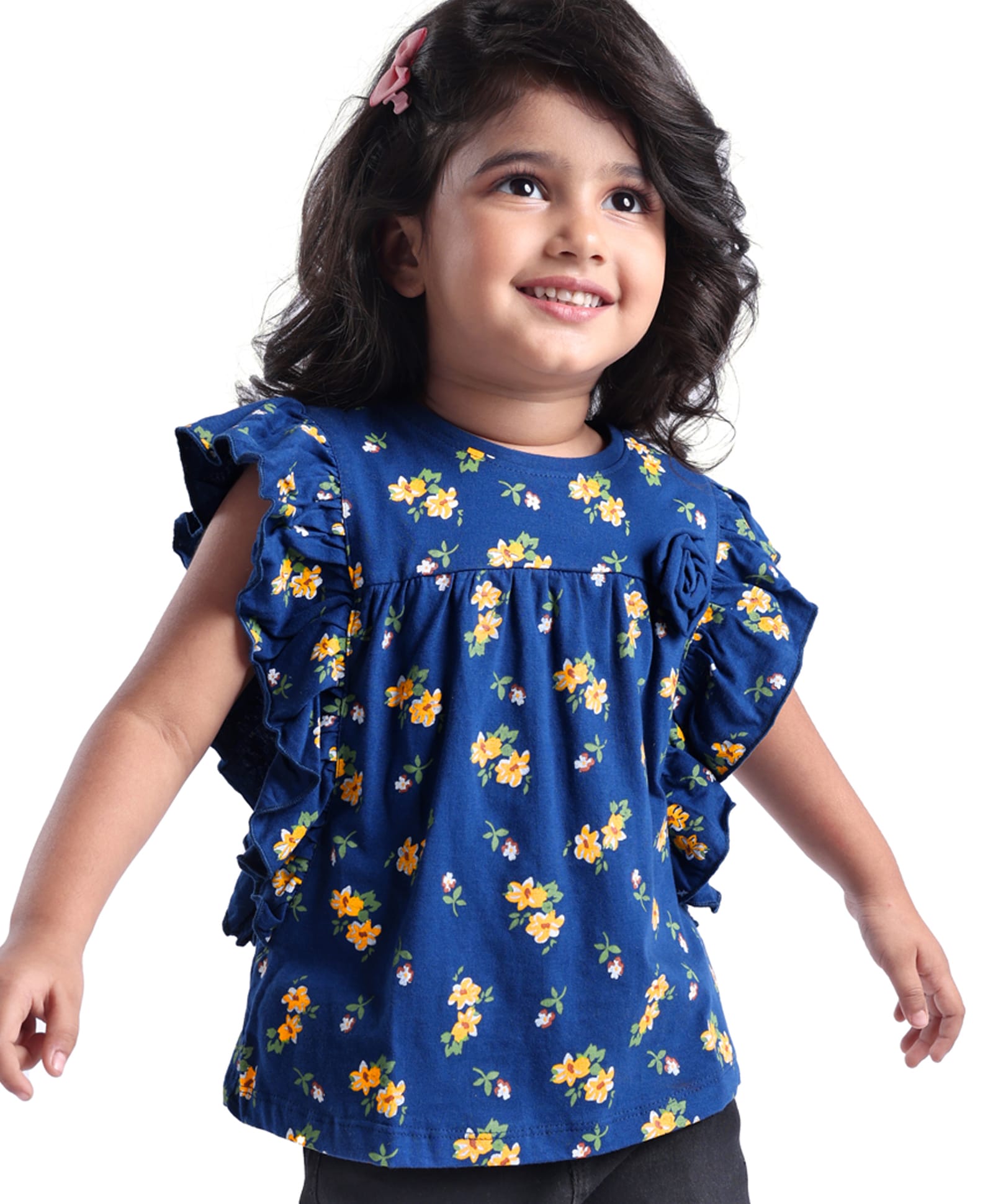 Babyhug Cotton Knit Half Sleeves Top With Floral Print and Frills Detailing - Blue-picture-10