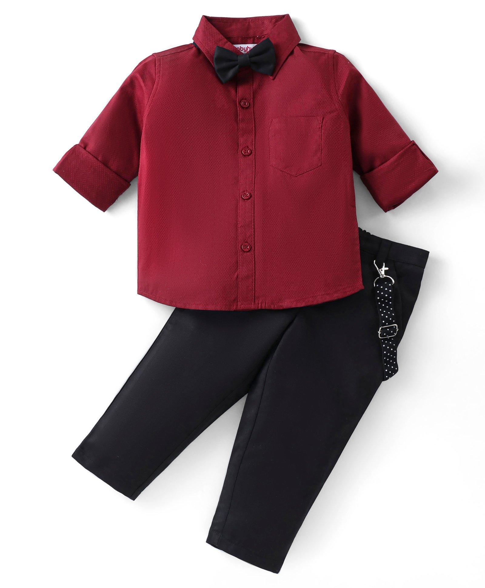 Babyhug Full Sleeves Party Wear Dobby Shirt & Trousers Set with Bow & Suspender - Maroon-picture-22