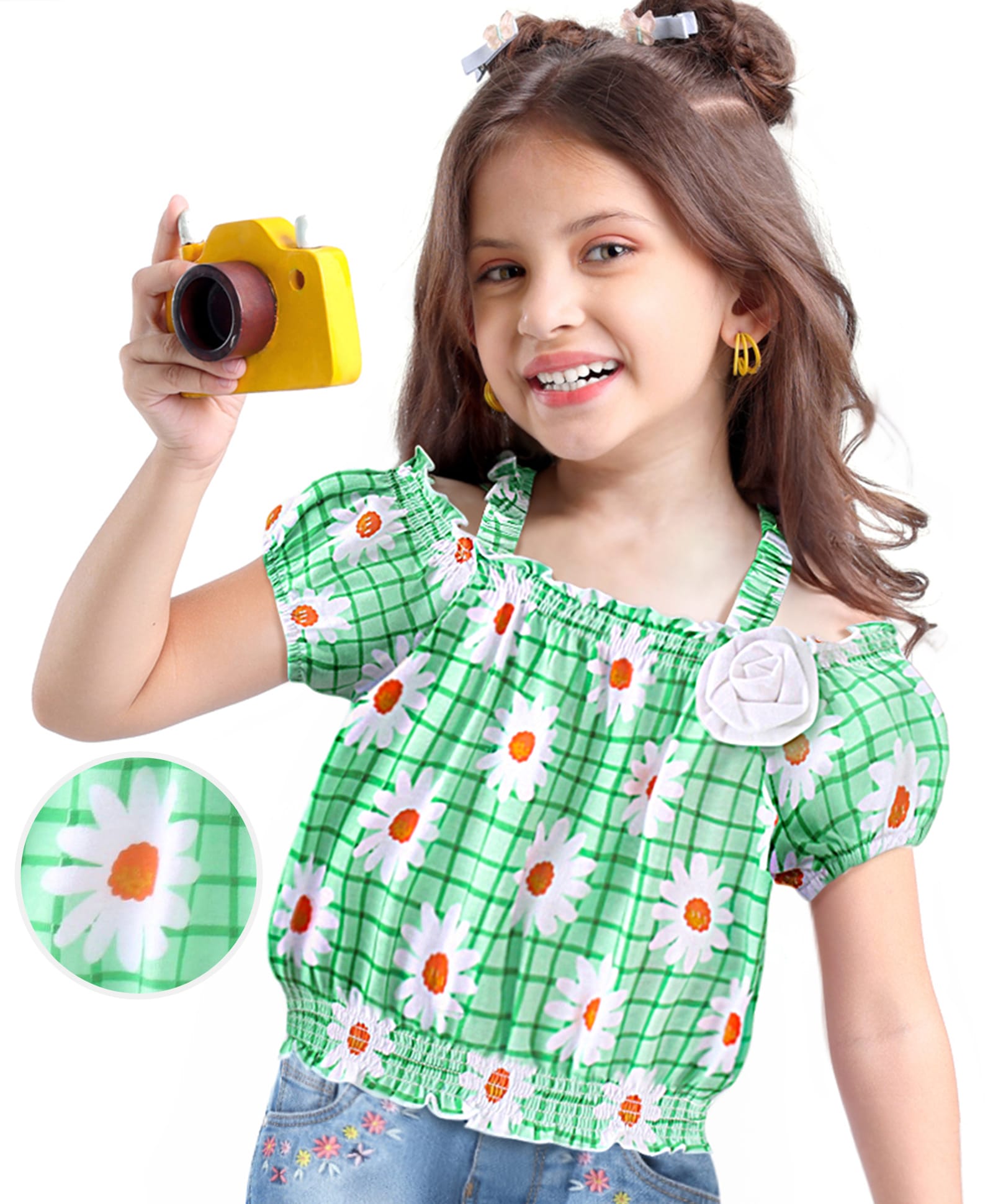 Babyhug Cotton Knit Off Shoulder Sleeves Top With Floral Print & Applique - Light Green-image-0