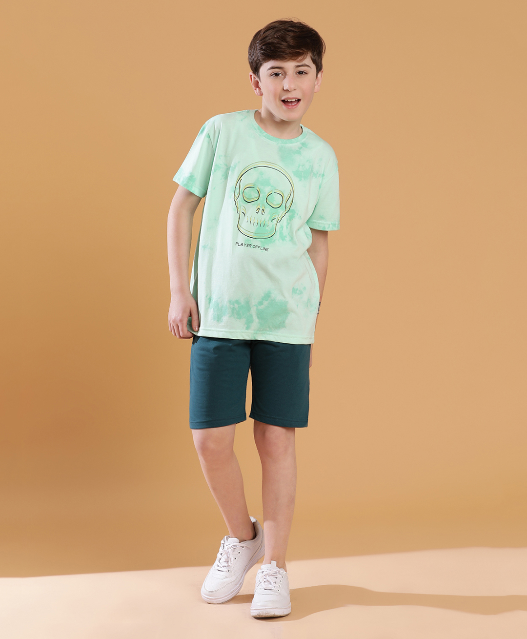 Lil Tomatoes Cotton Half Sleeves Skull Printed Tee & Shorts - Teal Green-image-32