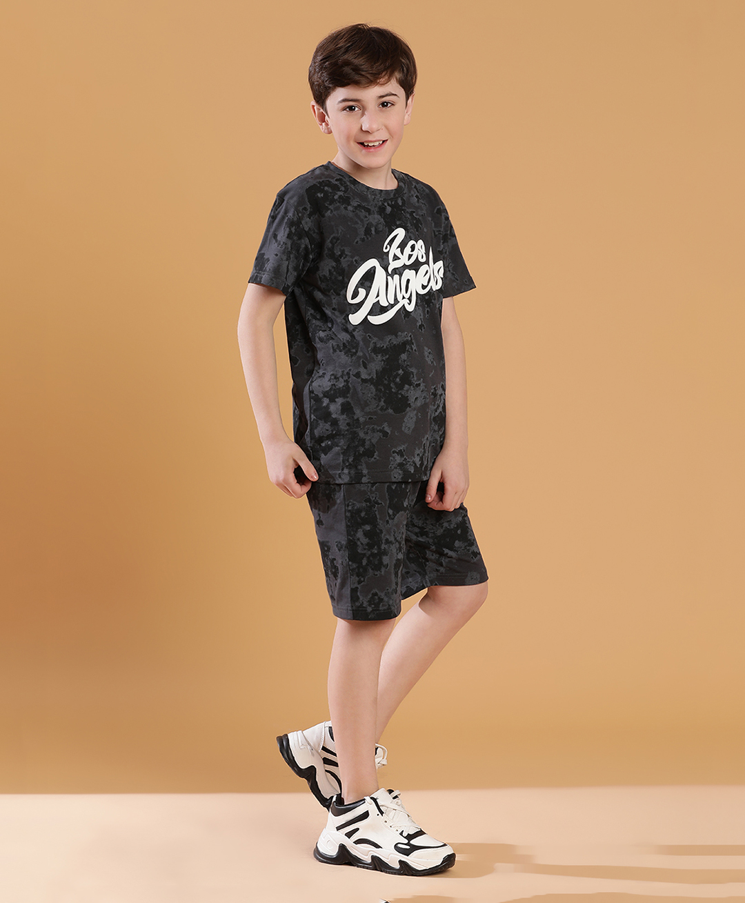 Lil Tomatoes Cotton Half Sleeves Tye Dye & Text Printed Tee & Shorts Set - Charcoal-picture-18