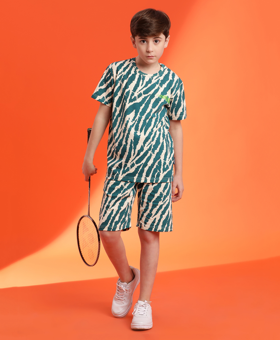 Lil Tomatoes Cotton Half Sleeves Zebra Printed Tee & Shorts Set - Teal-image-40