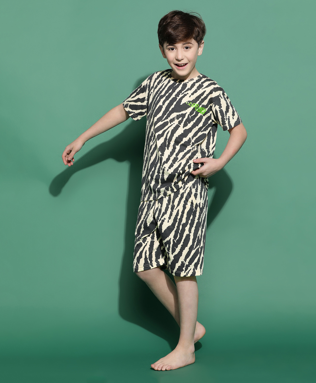 Lil Tomatoes Cotton Half Sleeves Zebra Printed Tee & Shorts Set - Charcoal-image-38