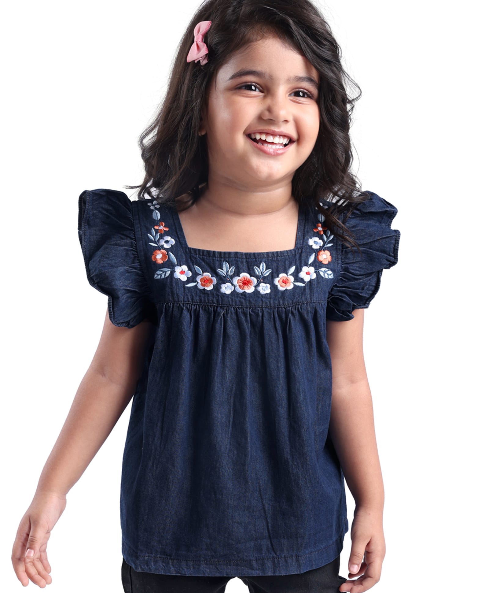Babyhug Cotton Woven Half Sleeves Top with Floral Embroidery - Navy-image-41