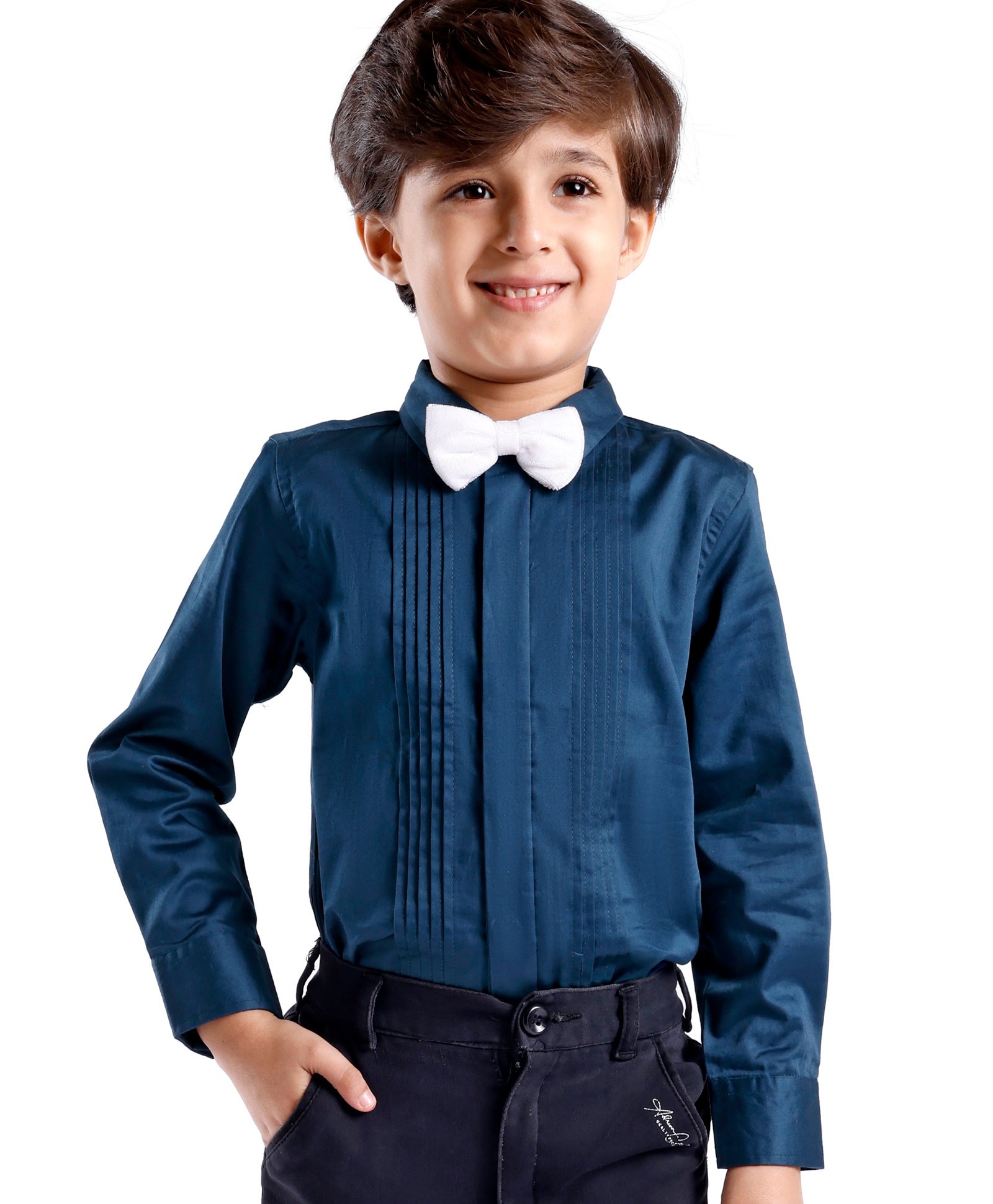 Babyhug Cotton Woven Full Sleeves Party Wear Solid Color Shirt with Bow - Blue-image-24