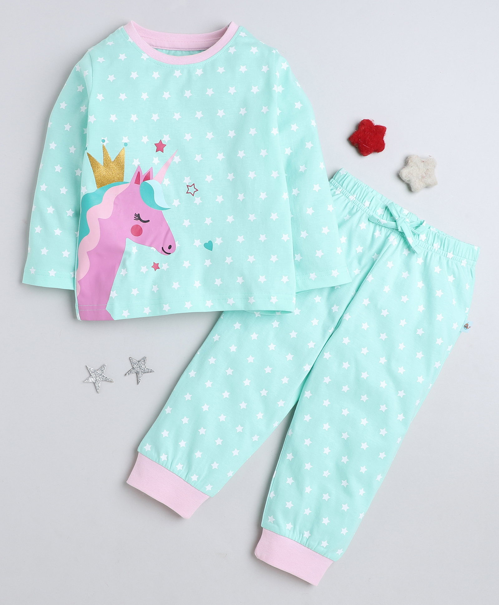 BUMZEE Cotton Knitted Full Sleeves Unicorn & StarsPrinted Coordinating Tee With Pyjama - Mint Green-image-28