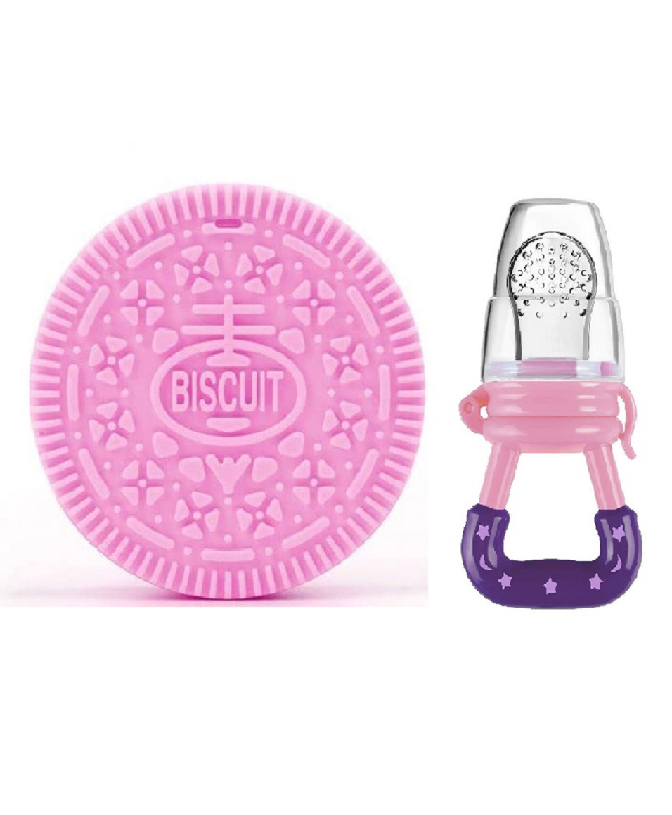 Enorme Silicone Pink Biscuit Shape Teething Teether with Silicone Fruit and Food Nibbler Pacifier for Babies-image-29