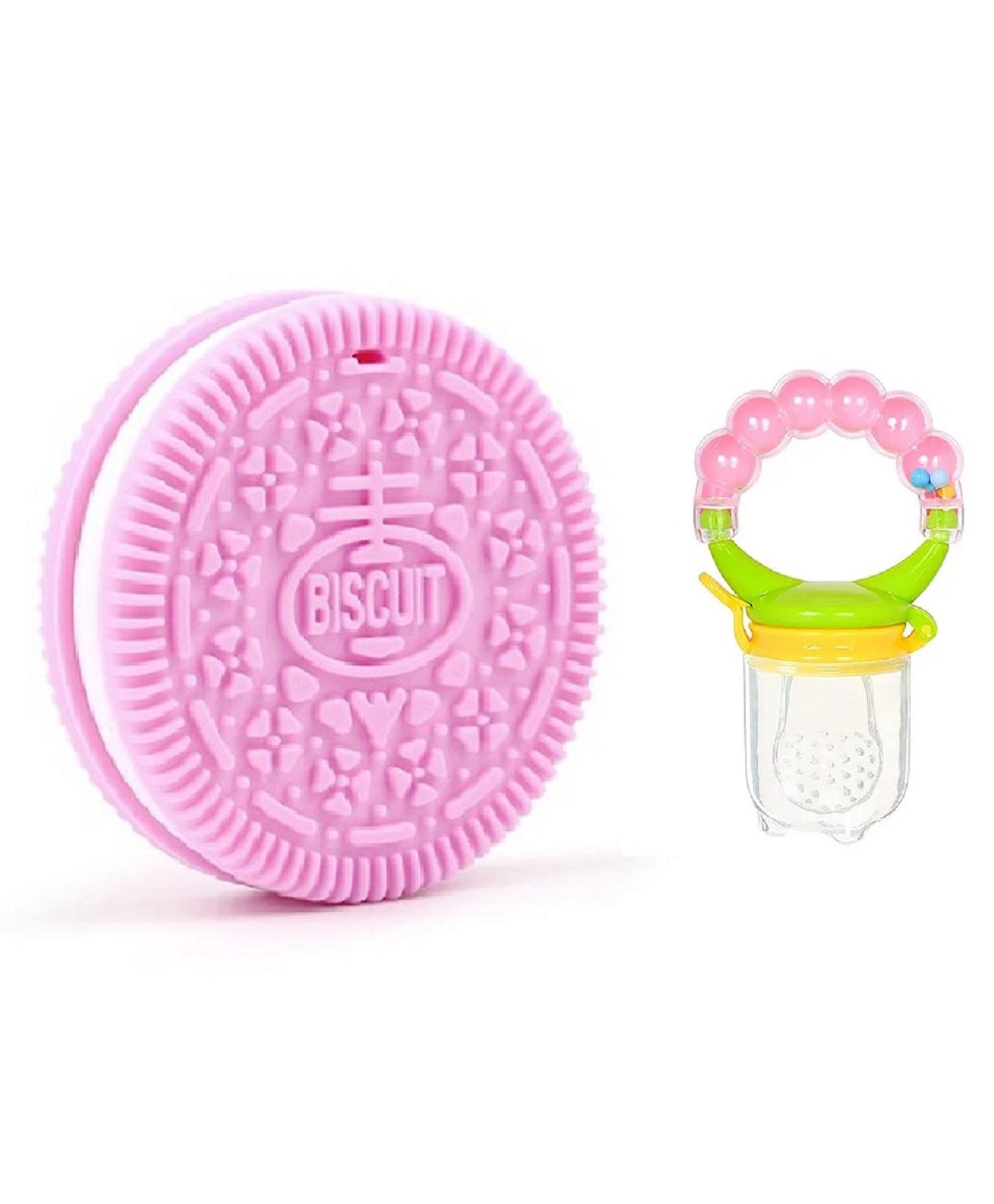 Enorme Silicone Pink Biscuit Shape Teething Teether and Ring Style Food Fruit Feeder Nibbler Pacifier for Babies-image-15