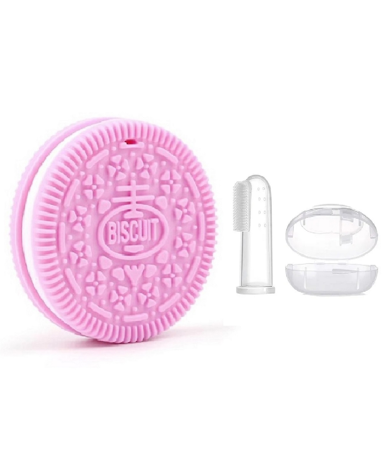 Enorme Silicone Pink Biscuit Shape Teething Teether and Baby Silicone Finger Toothbrush with case for Babies-picture-39