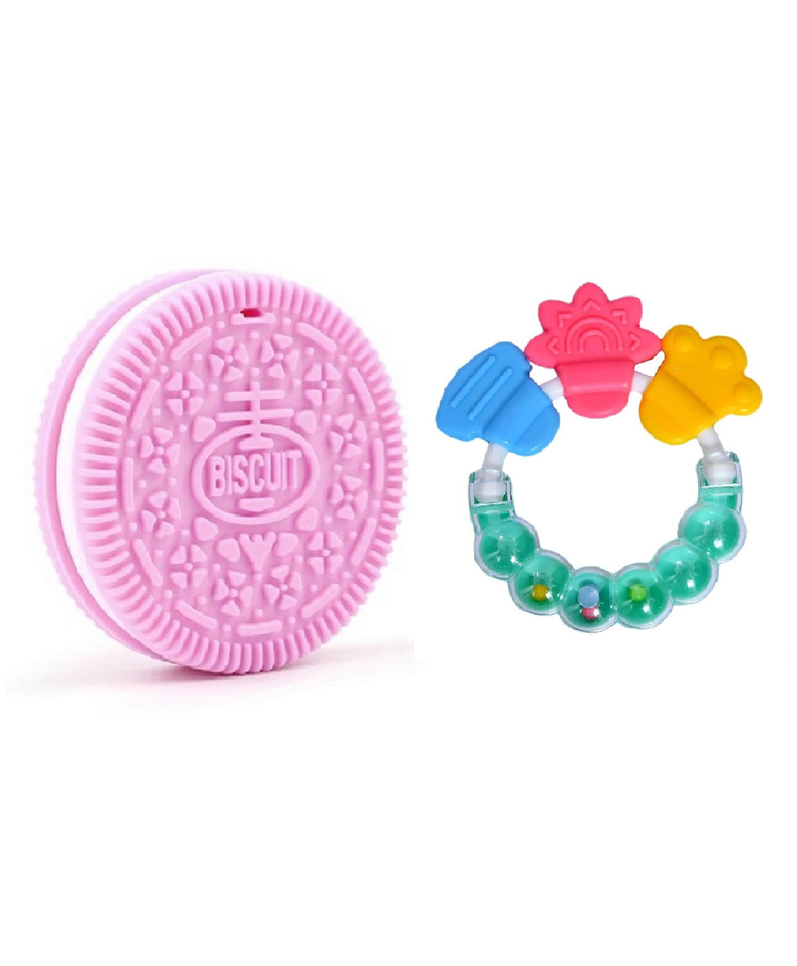 Enorme Silicone Pink Biscuit Shape Teething Teether and Round Shape BPA Free Silicone Bell Teether Ring for Babies-image-28