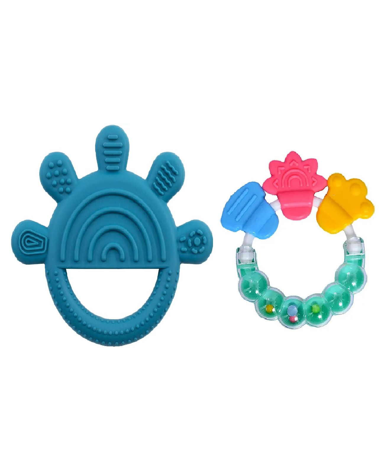 Enorme Silicone Bluish Green Star Shape Teething Teether and Round Shape BPA Free Silicone Bell Teether Ring for Babies-image-38