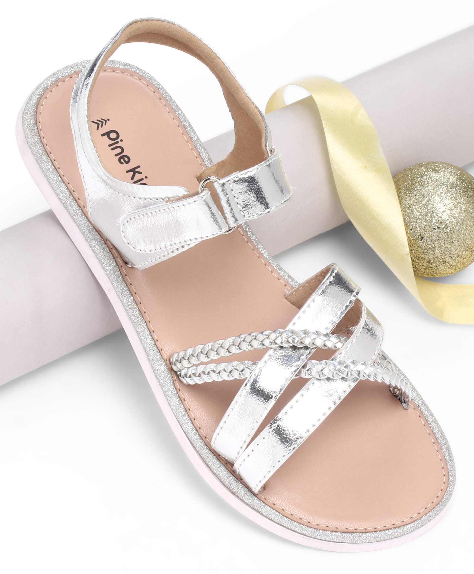 Pine Kids Velcro Closure Party Wear Sandals - Silver-picture-28