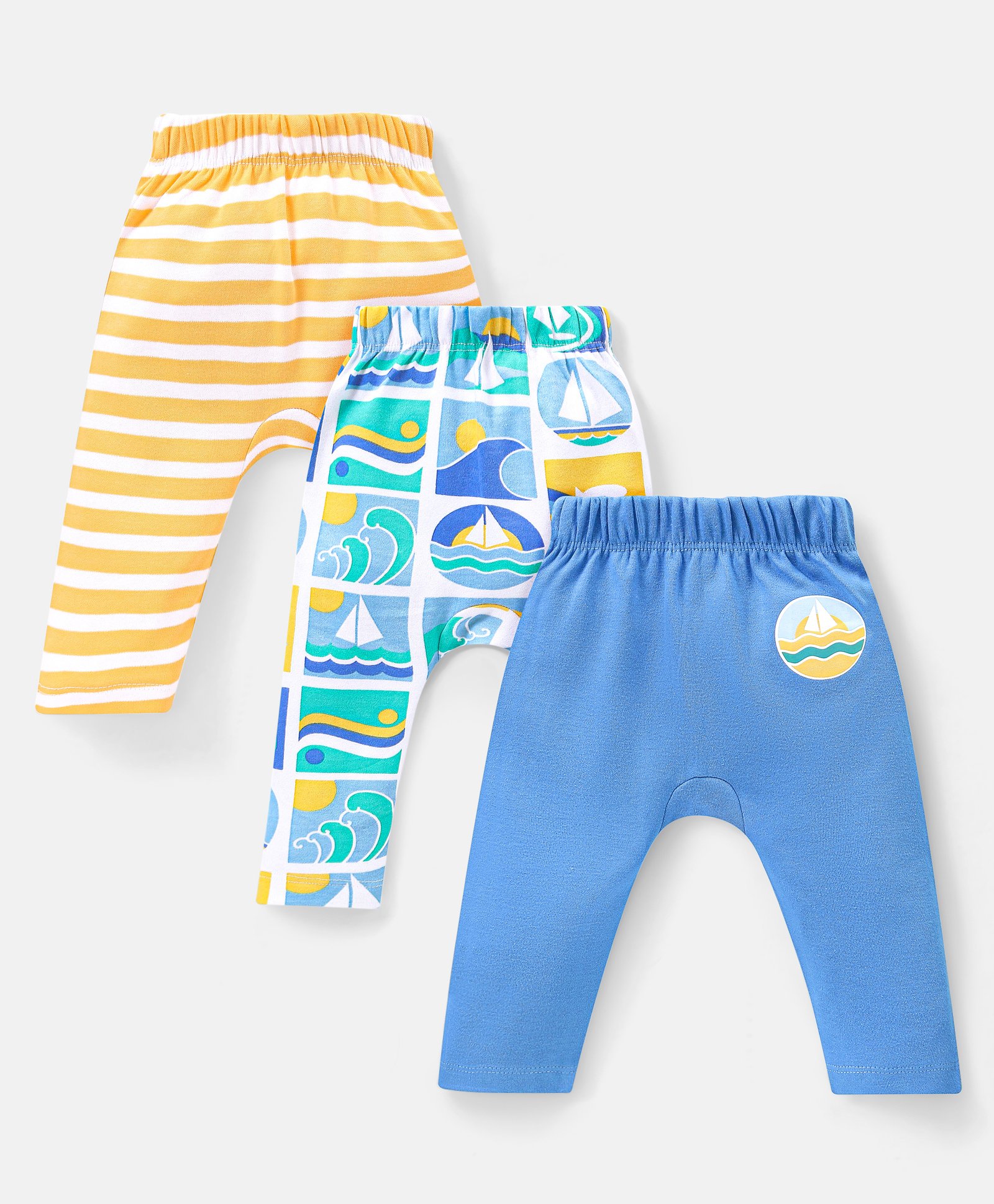 Babyhug Interlock Knit Full Length  Diaper Pants Striped & Boat Print Pack of 3 - Multicolour