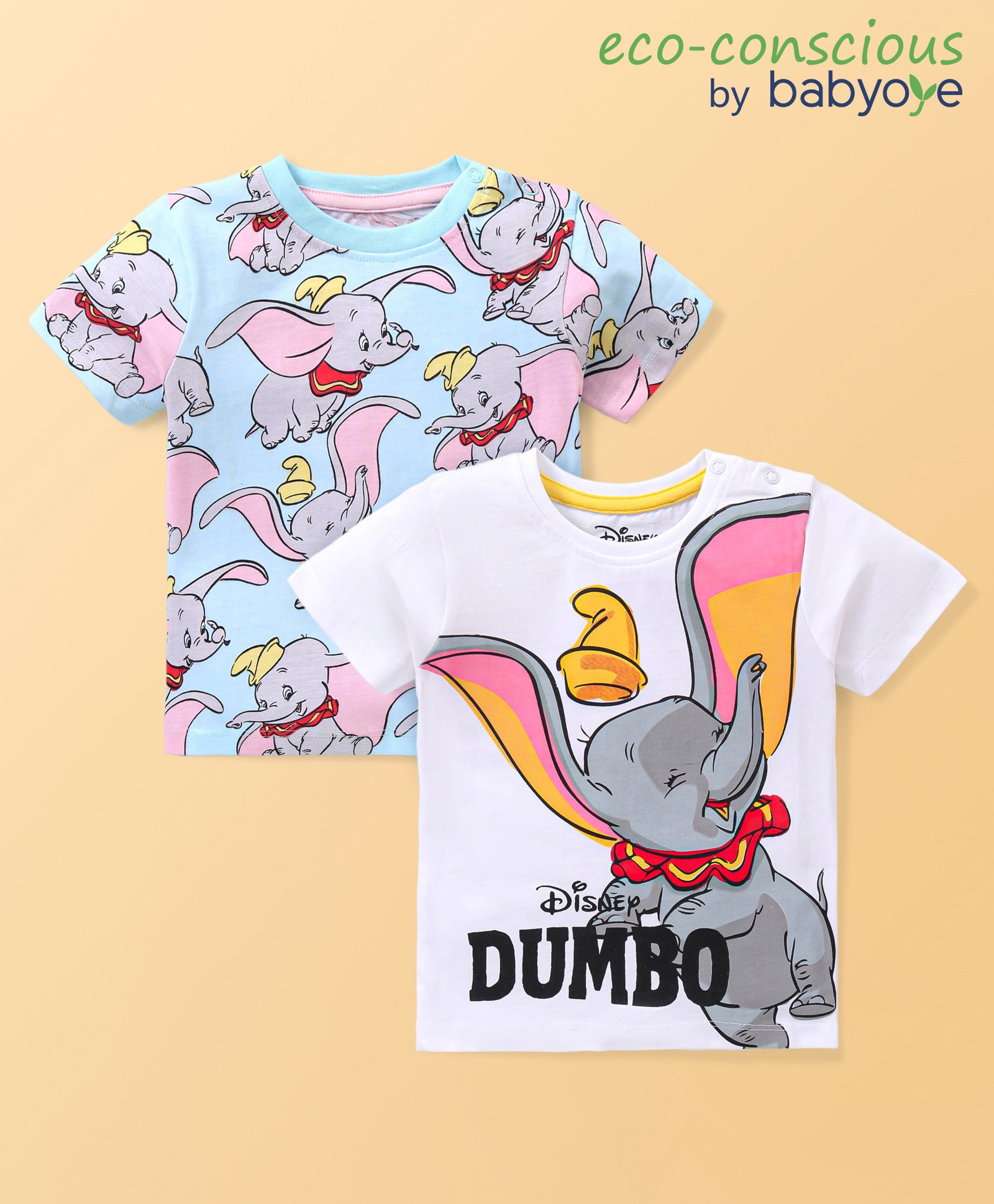 Babyoye Disney 100% Cotton Knit Half Sleeves T-Shirt with Dumbo Graphics Pack of 2 - Multicolour-picture-18