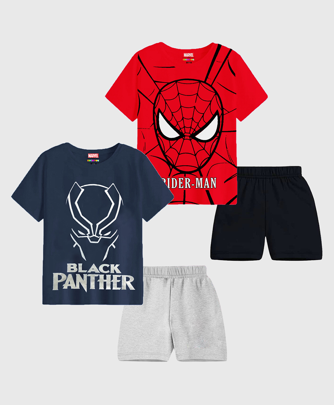 KUCHIPOO Marvel Avengers Featuring Pack Of 2 Half Sleeves Characters Printed Tees & Shorts Set - Navy Blue Grey Red & Black-image-31