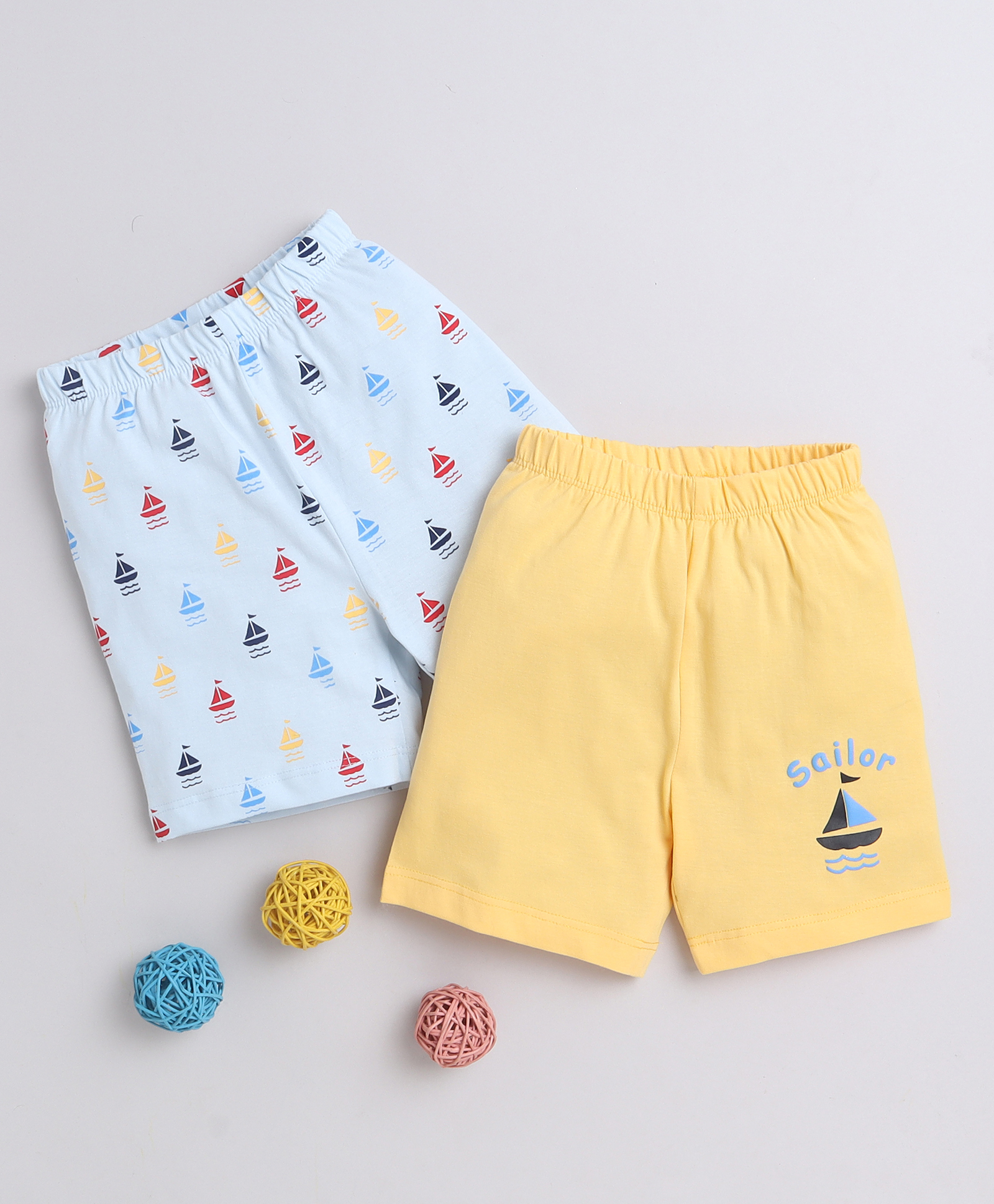 BUMZEE Pack Of 2 Ship Printed Cotton Shorts - Sky Blue & Yellow-image-20