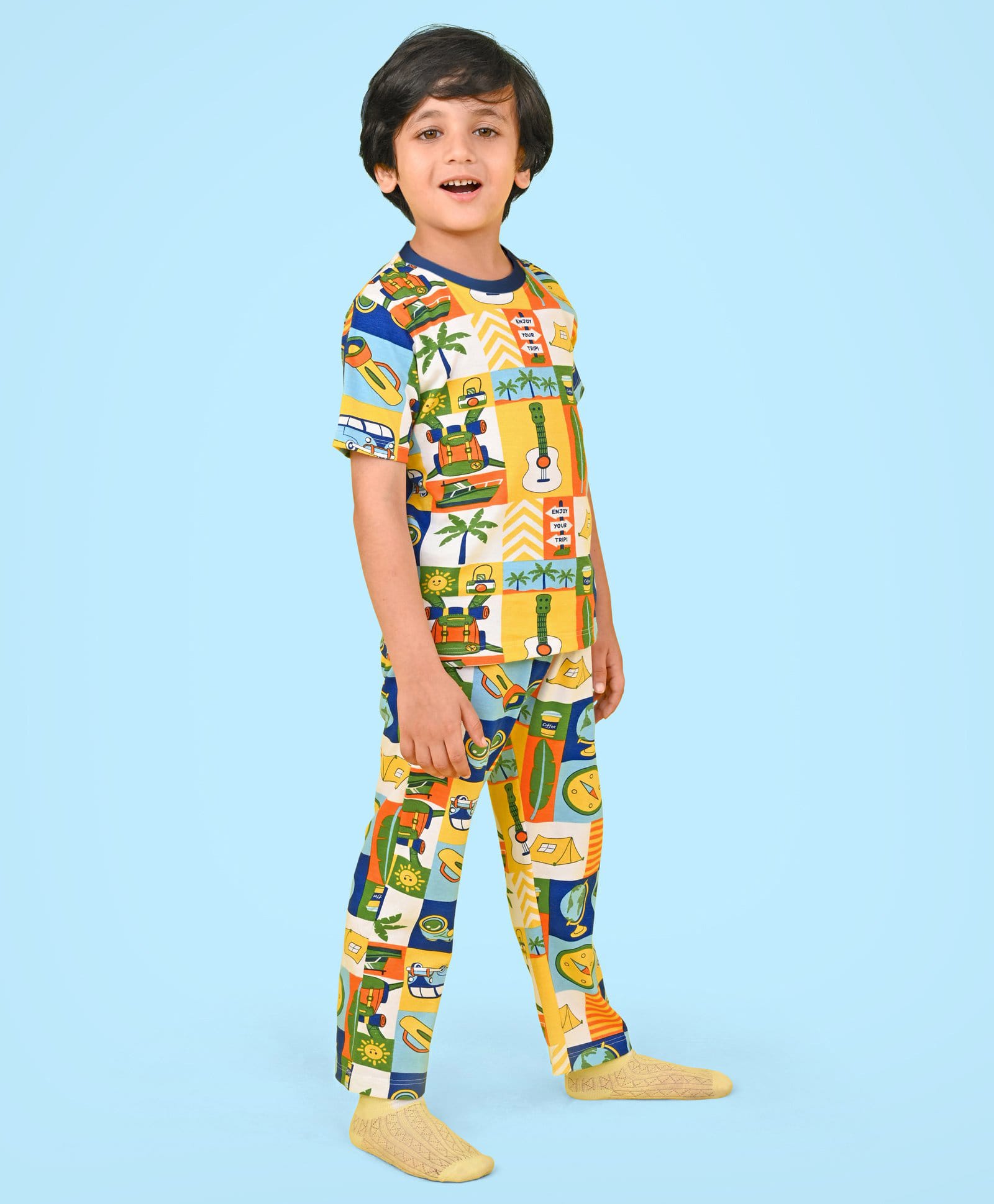 Babyhug Single Jersey Knit Half Sleeves Tropical Printed Night Suit - Multicolour-picture-27