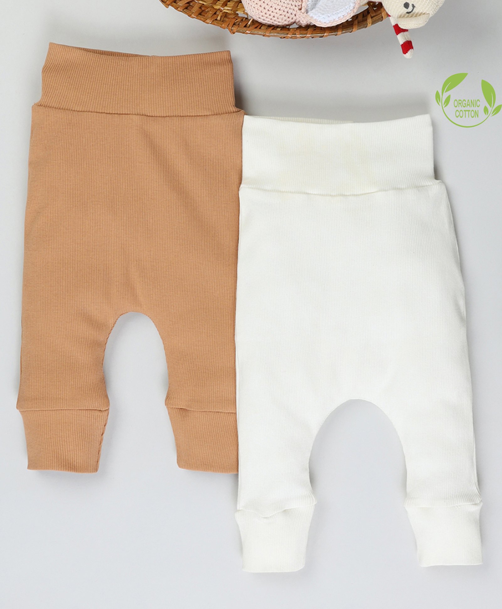 Cot & Candy Organic Cotton Pack Of 2 Solid Ribbed Pants - Brown & White-picture-12