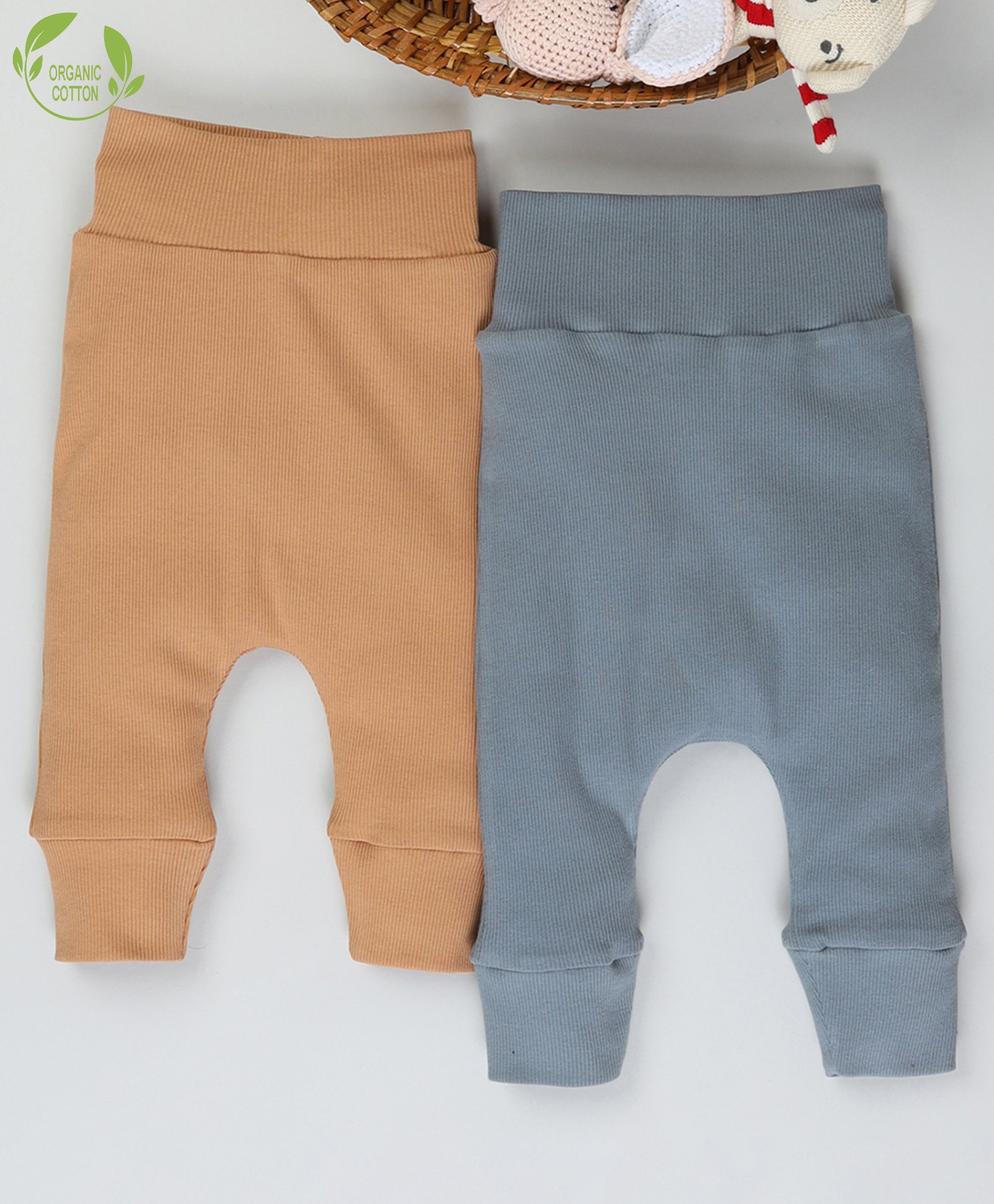 Cot & Candy Organic Cotton Pack Of 2 Solid Ribbed Pants - Aqua Blue & Brown-picture-38