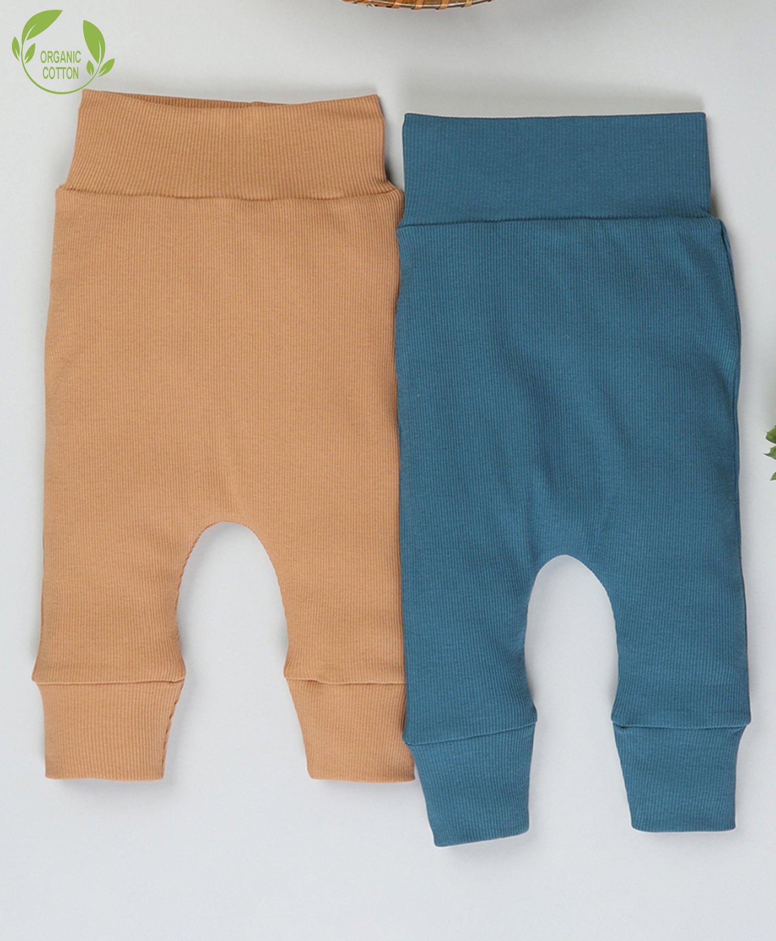 Cot & Candy Organic Cotton Pack Of 2 Solid Ribbed Pants - Denim Blue & Brown-picture-39